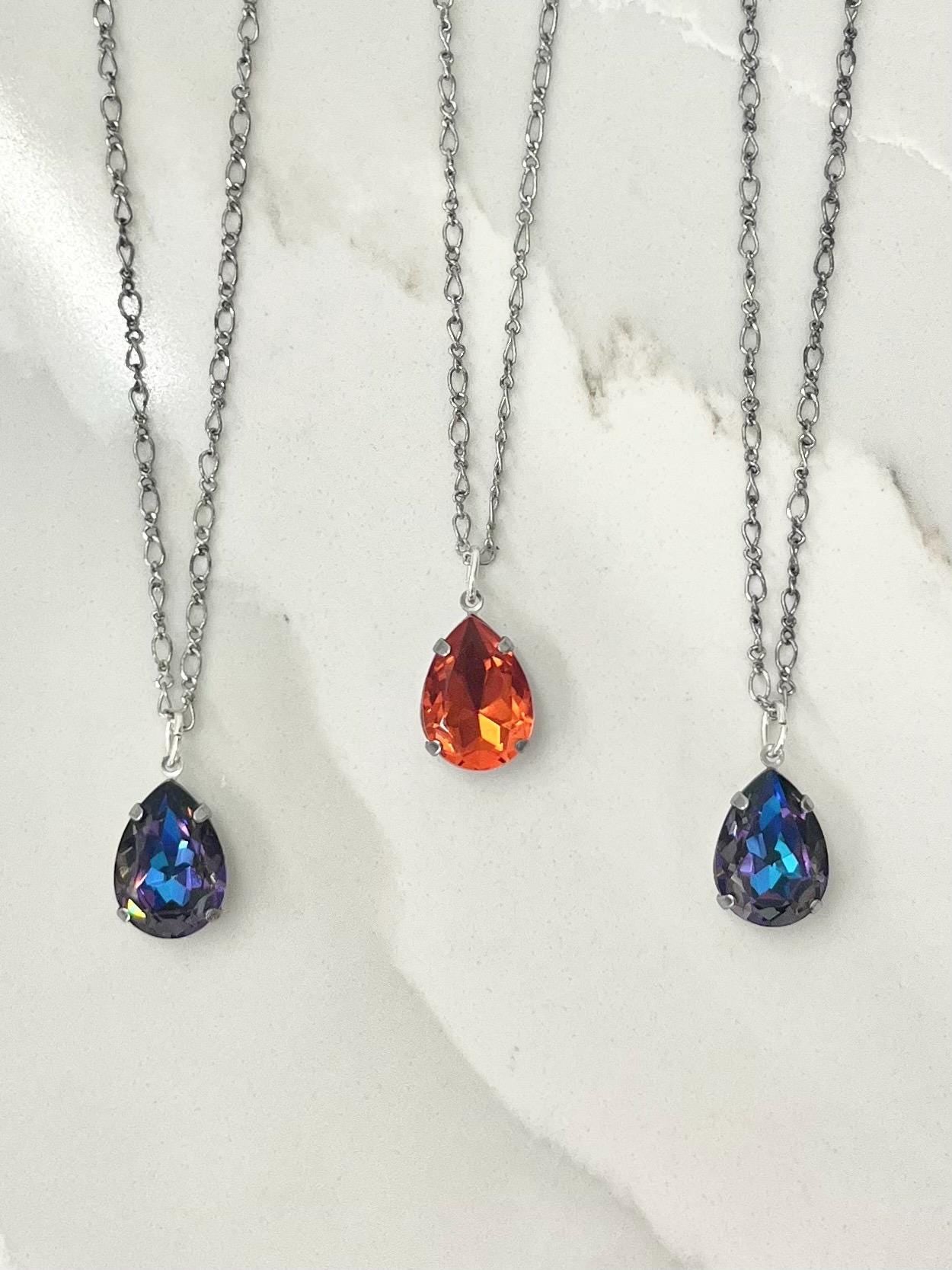 Sparkling Swarovski Crystal Elements Pear Drop Pendant Necklace Fancy Chain - 16” Long - Choice of Colours - by Milly Oliver MillyOliverVintage