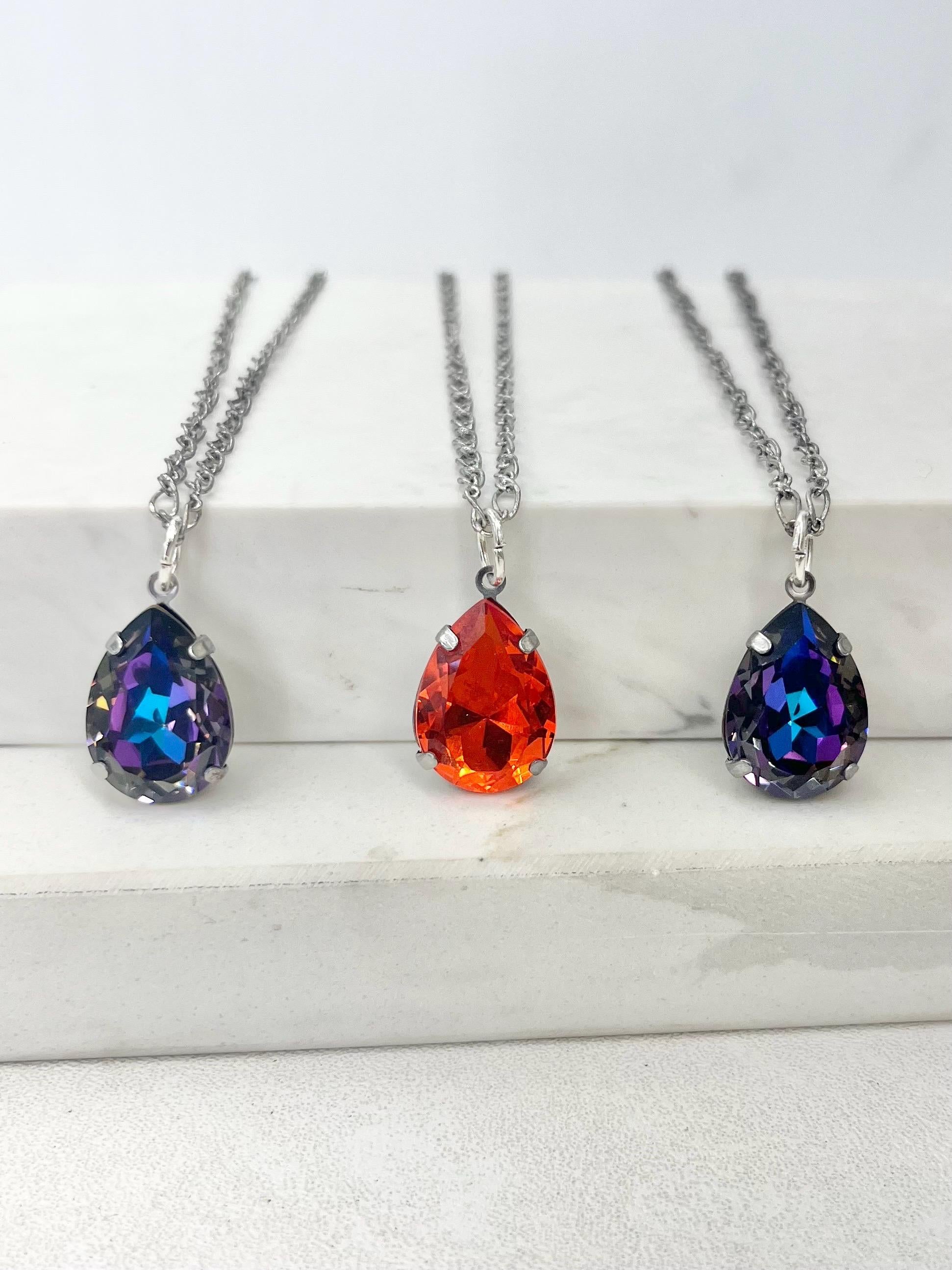 Sparkling Swarovski Crystal Elements Pear Drop Pendant Necklace Fancy Chain - 16” Long - Choice of Colours - by Milly Oliver MillyOliverVintage