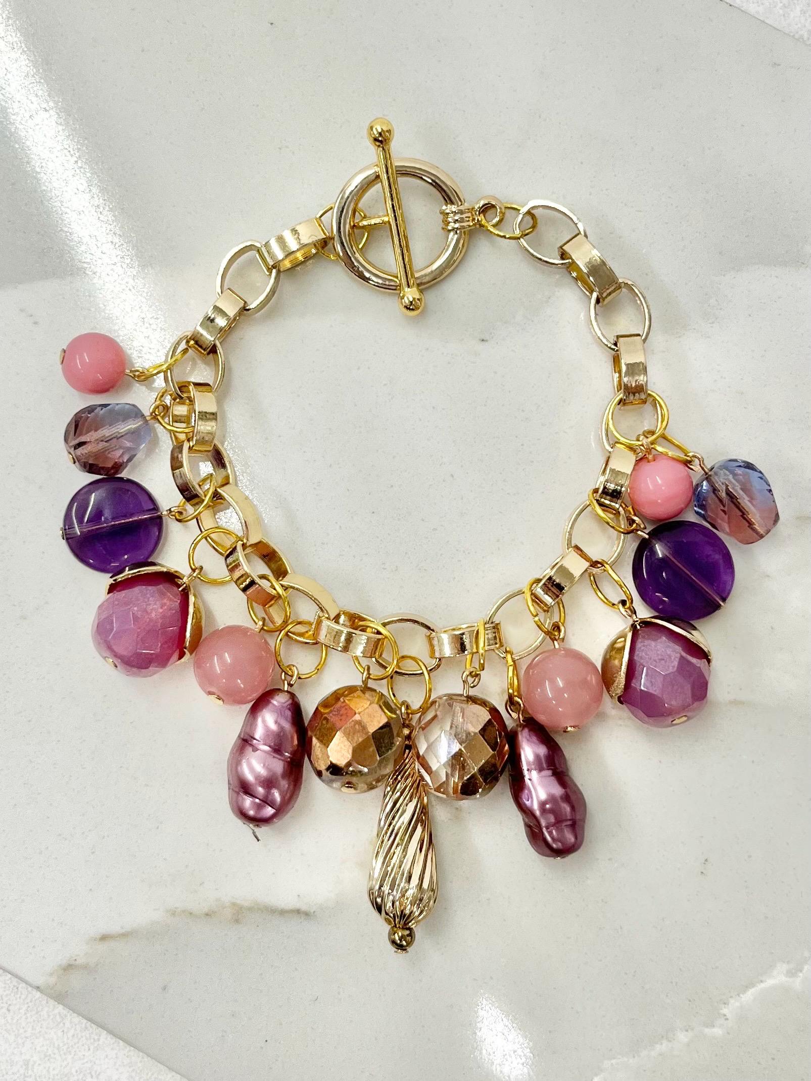 Handmade Gold Plate Pink & Purple Glass Bead Charm Bracelet with a Toggle Clasp - by Milly Oliver MillyOliverVintage