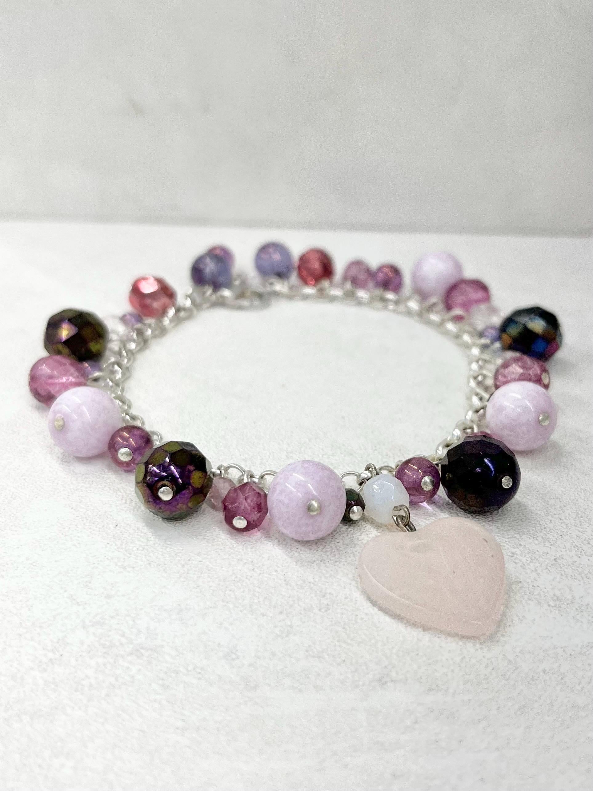 Handmade Silver Plate Pink & Purple Glass Bead Charm Bracelet with a Heart Drop - by Milly Oliver MillyOliverVintage