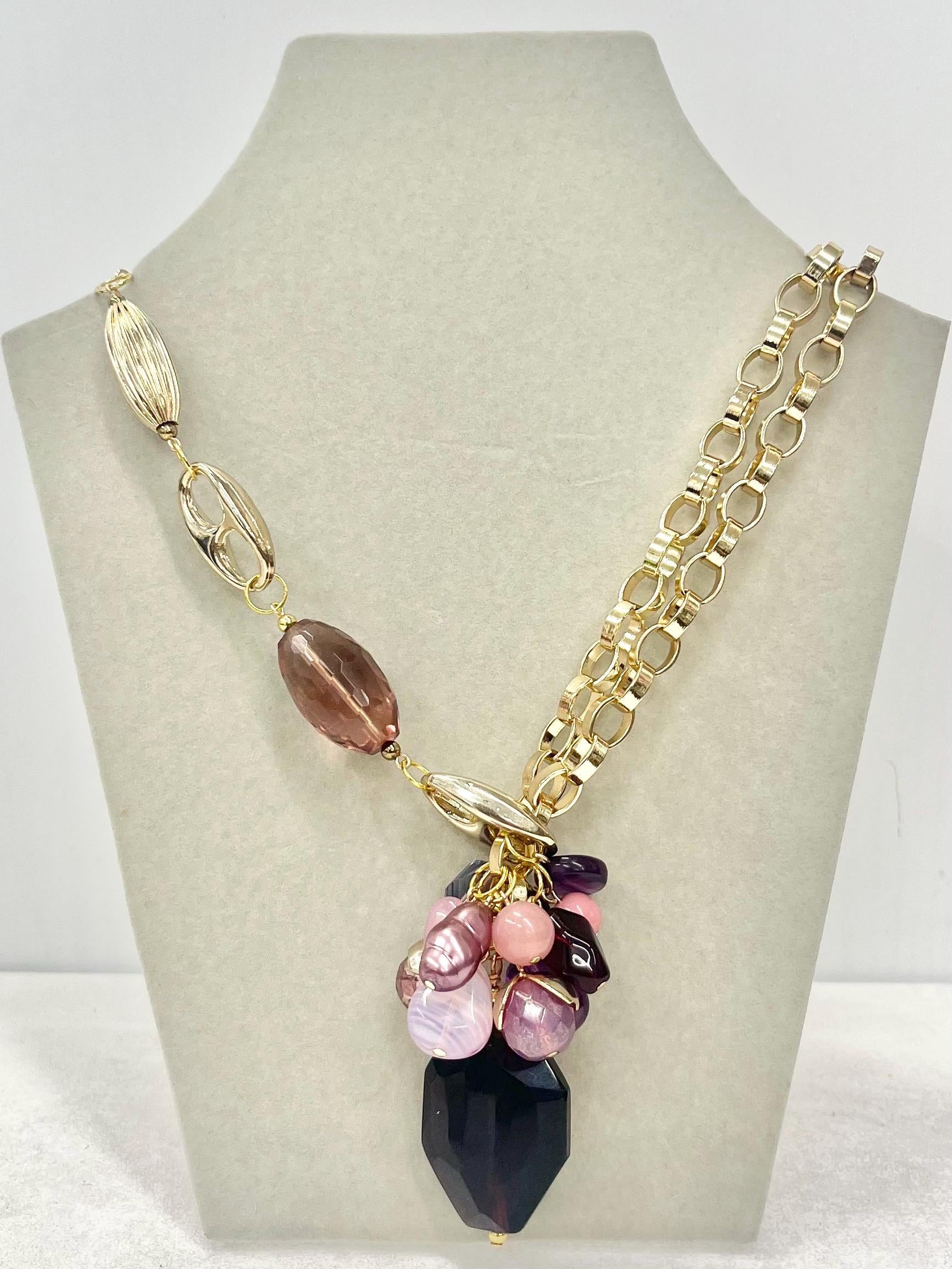 Assymetric Two Chain Amethyst Cluster Drop Gold Plate Necklace - by Milly Oliver MillyOliverVintage