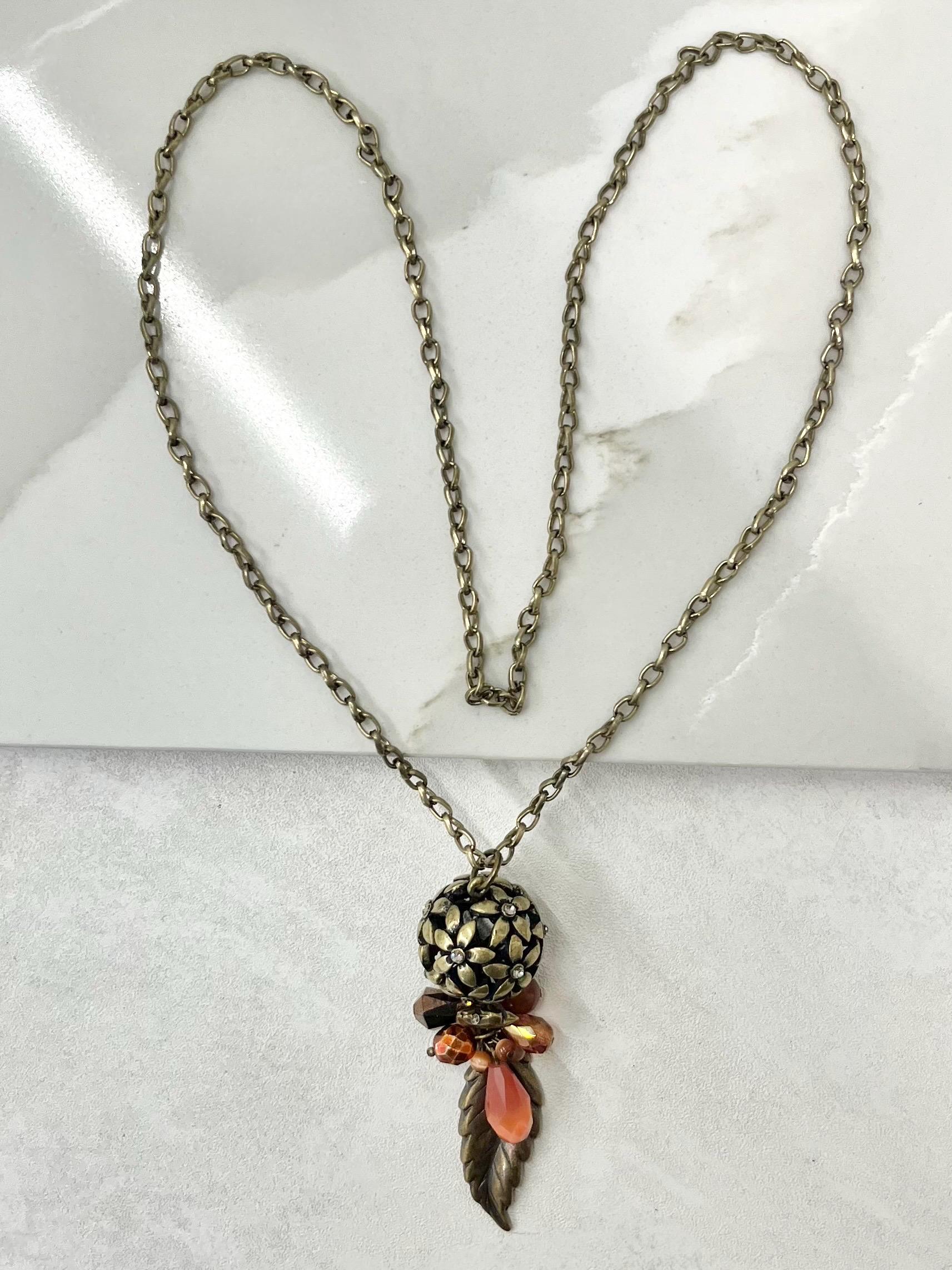 Autumnal Antique Gold Colour Brown & Orange Cluster Leaf Drop Necklace - by Milly Oliver MillyOliverVintage