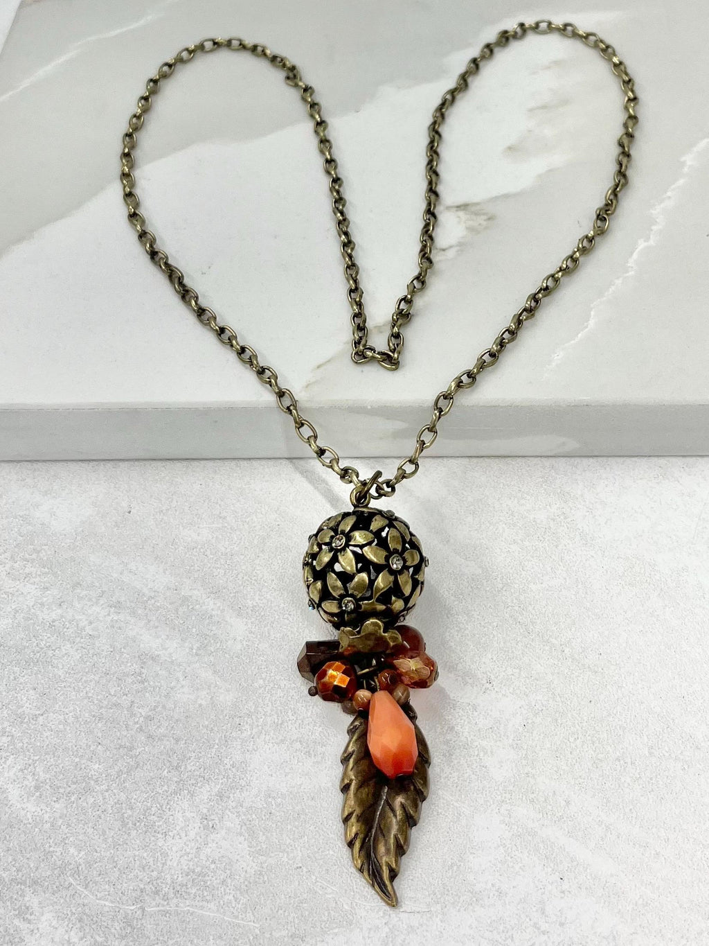 Autumnal Antique Gold Colour Brown & Orange Cluster Leaf Drop Necklace - by Milly Oliver MillyOliverVintage