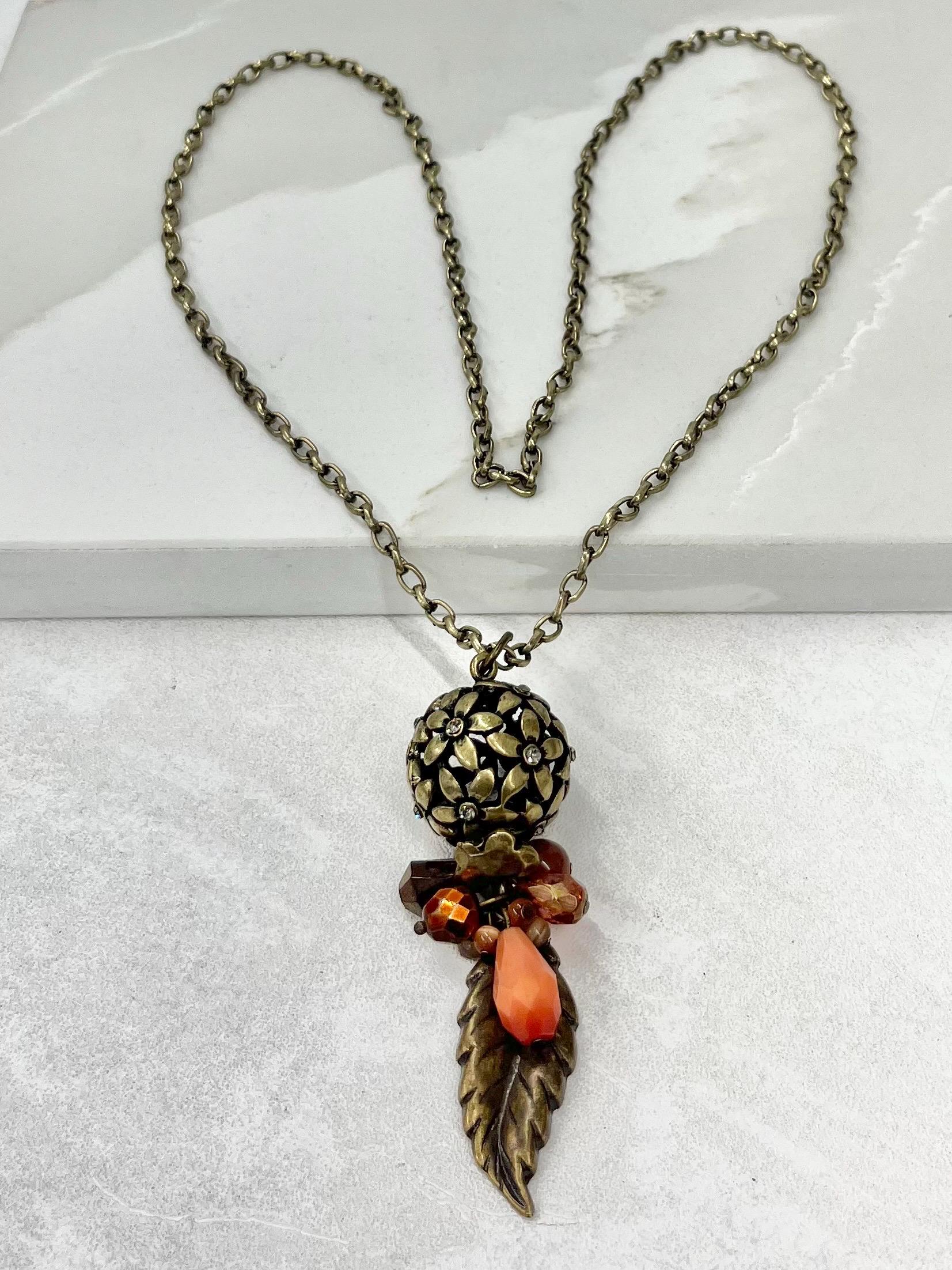 Autumnal Antique Gold Colour Brown & Orange Cluster Leaf Drop Necklace - by Milly Oliver MillyOliverVintage