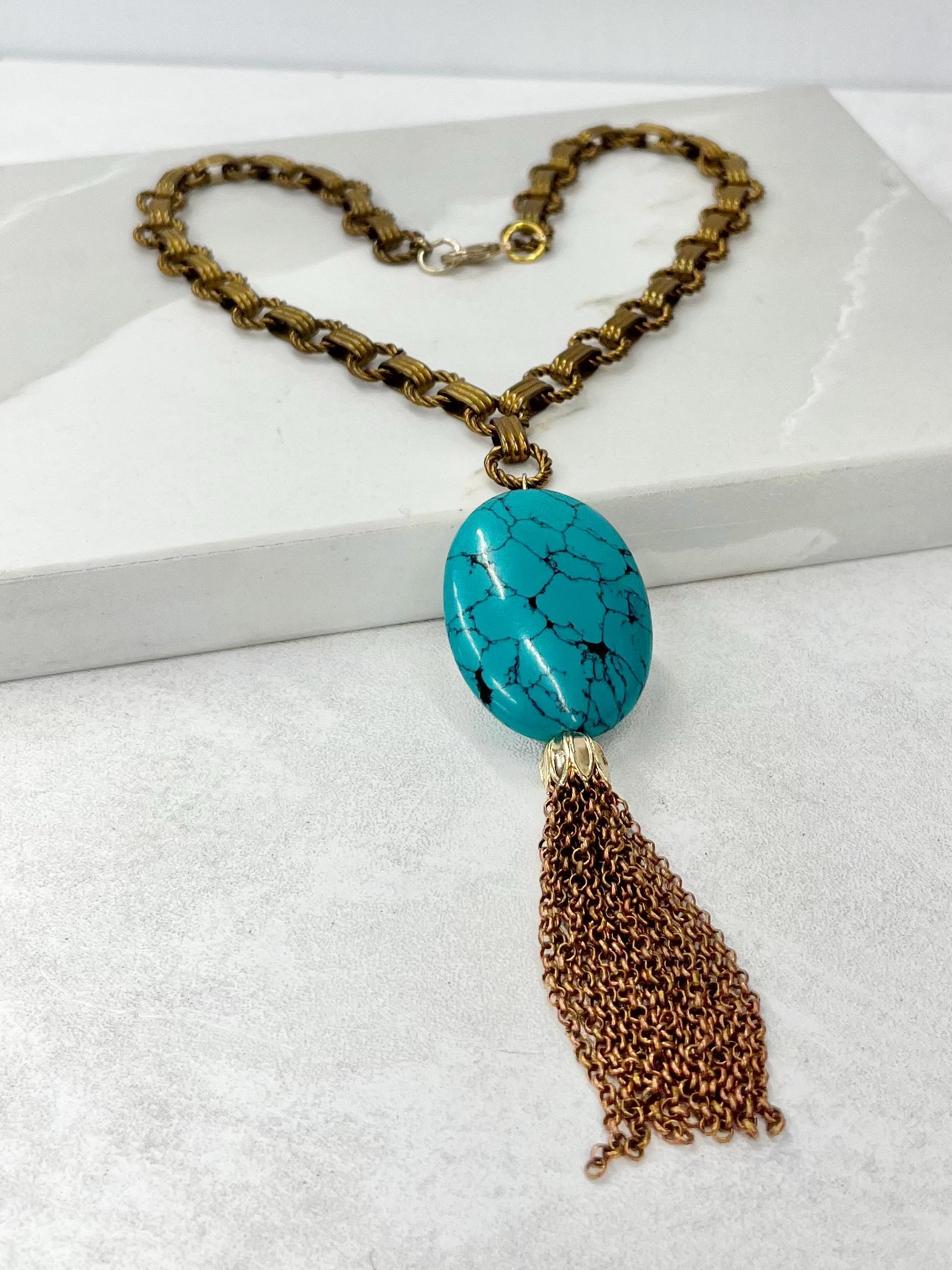 Chunky Faux Turquoise Tassle Drop Necklace in Antique Gold Tone - by Milly Oliver MillyOliverVintage
