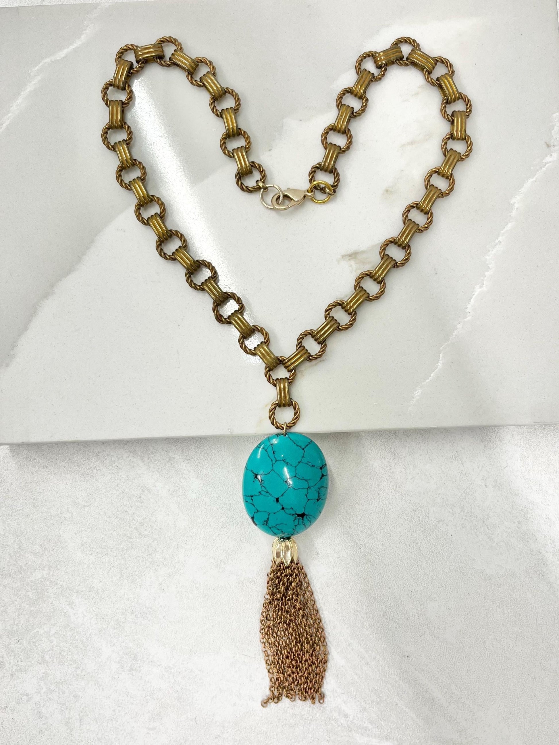 Chunky Faux Turquoise Tassle Drop Necklace in Antique Gold Tone - by Milly Oliver MillyOliverVintage