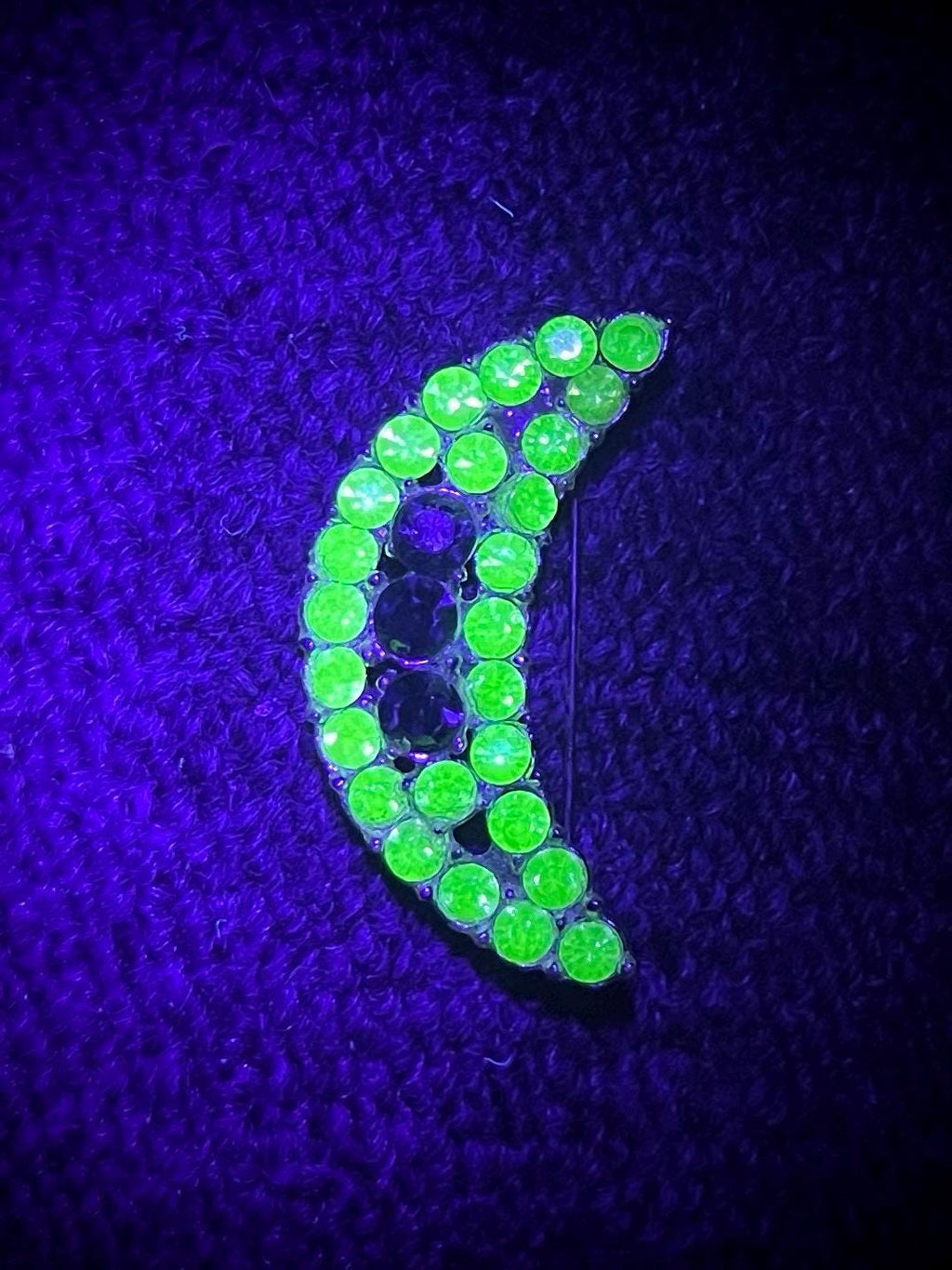 Vintage Green Uranium Glass Crystal Moon Brooch Silver Tone with a UV Reactive Glow UV Jewellery Large Statement Brooch MillyOliverVintage