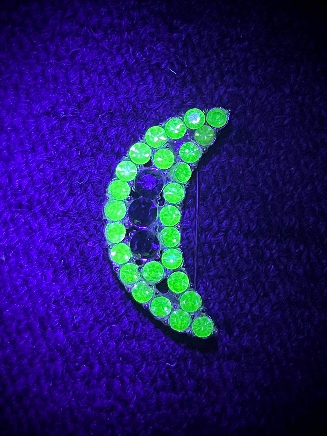 Vintage Green Uranium Glass Crystal Moon Brooch Silver Tone with a UV Reactive Glow UV Jewellery Large Statement Brooch MillyOliverVintage