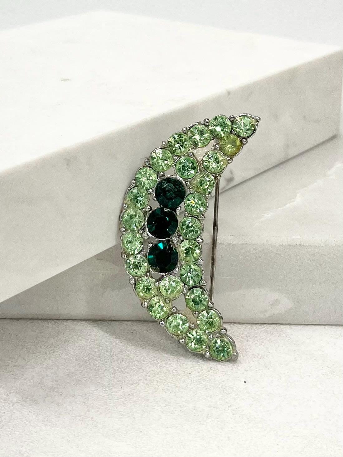 Vintage Green Uranium Glass Crystal Moon Brooch Silver Tone with a UV Reactive Glow UV Jewellery Large Statement Brooch MillyOliverVintage