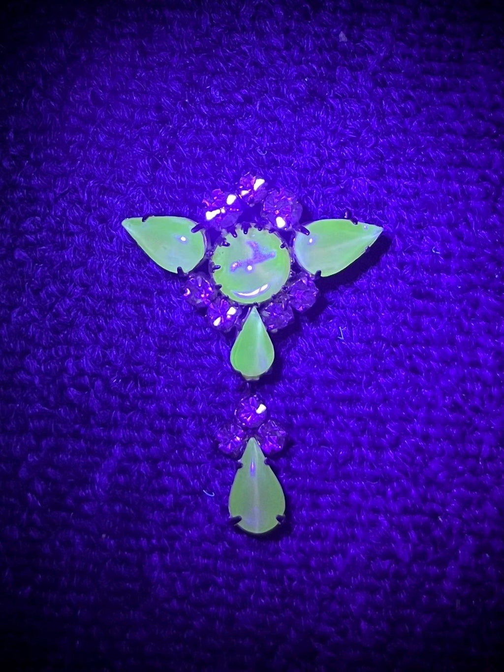 Vintage Yellow Opal Uranium Glass & Crystal Drop Brooch Gold Tone with a UV Reactive Glow UV Jewellery Excellent Statement Brooch MillyOliverVintage
