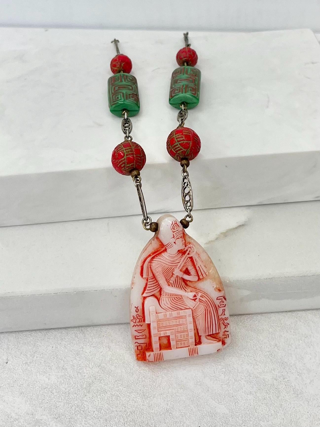 Vintage Art Deco Max Neiger Egyptian Revival Glass Pendant Drop Necklace 20” Long MillyOliverVintage