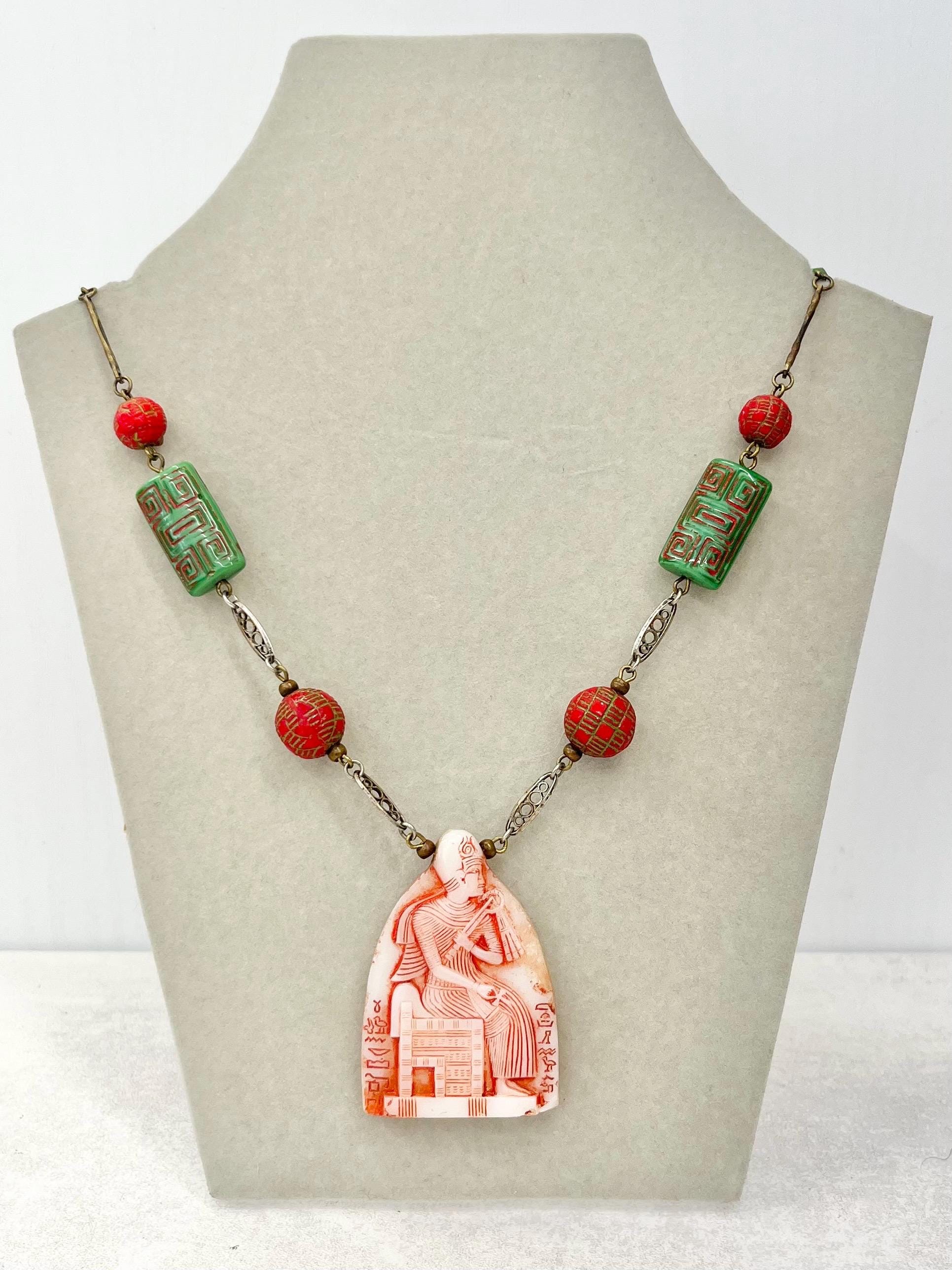 Vintage Art Deco Max Neiger Egyptian Revival Glass Pendant Drop Necklace 20” Long MillyOliverVintage