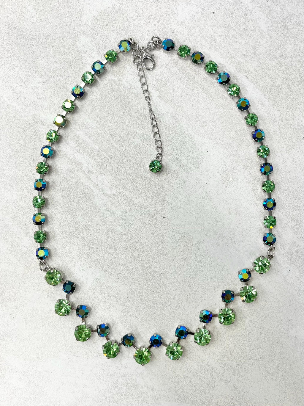 Swarovski Crystal Chaton Green Uranium & Emerald Crystal Necklace Silver Plate UV Reactive Glow MillyOliverVintage