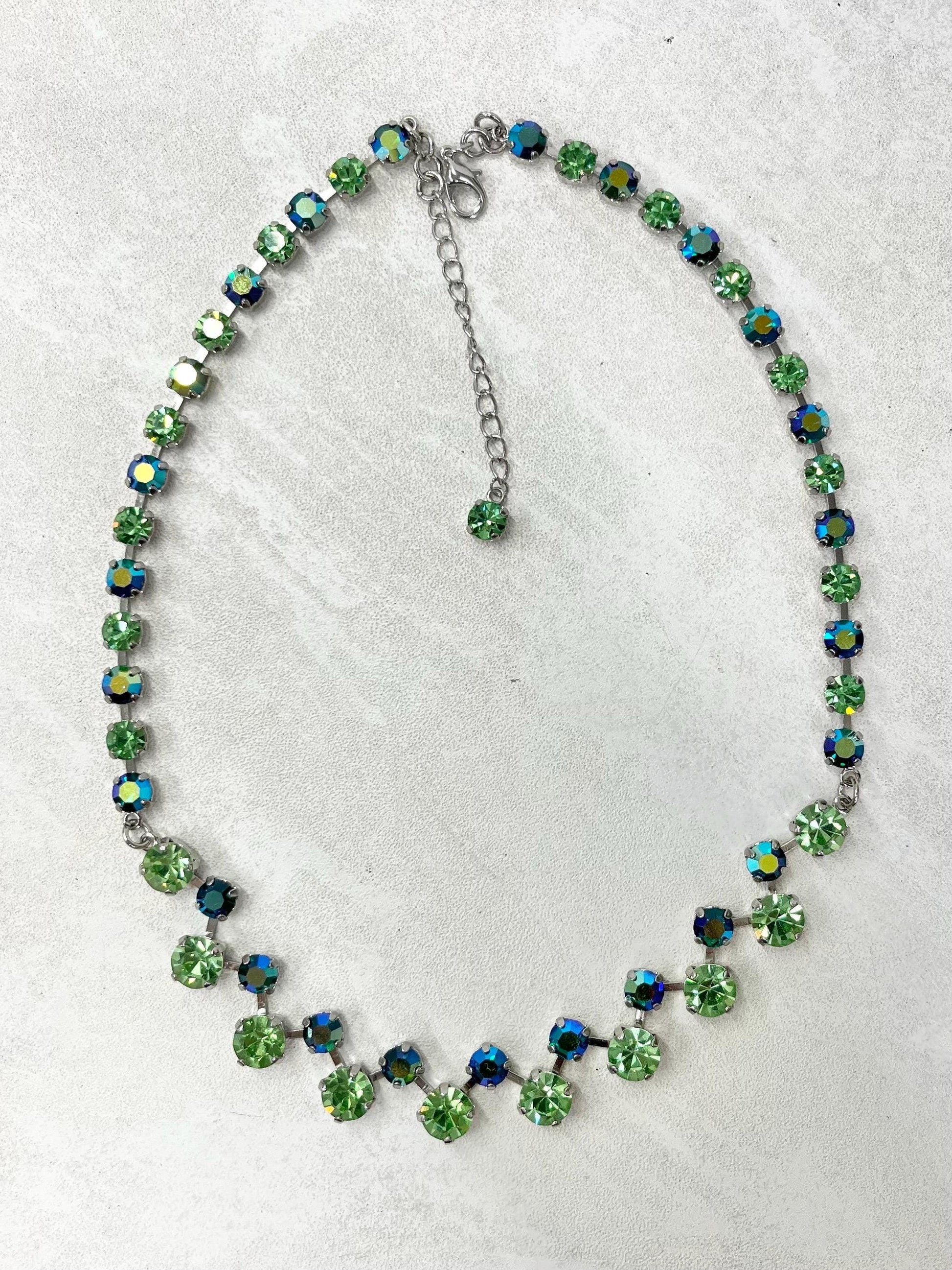 Swarovski Crystal Chaton Green Uranium & Emerald Crystal Necklace Silver Plate UV Reactive Glow MillyOliverVintage