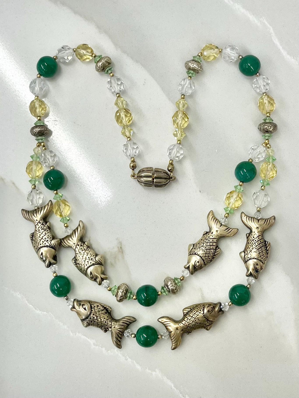 Vintage Glass and Crystal Two Strand Fish Necklace with Uranium Green Accents UV Reactive Glowing Jewellery 17” Long MillyOliverVintage