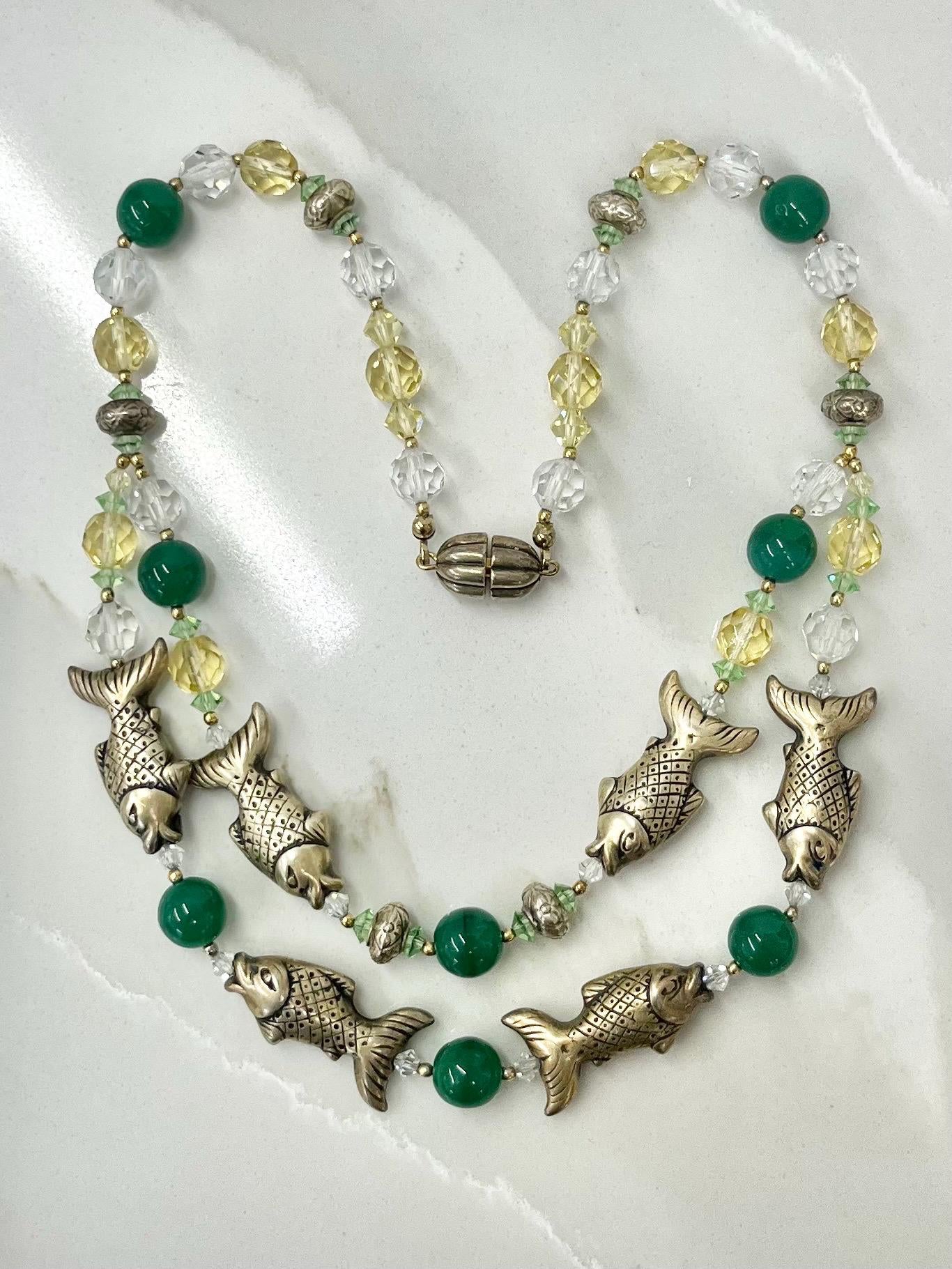 Vintage Glass and Crystal Two Strand Fish Necklace with Uranium Green Accents UV Reactive Glowing Jewellery 17” Long MillyOliverVintage