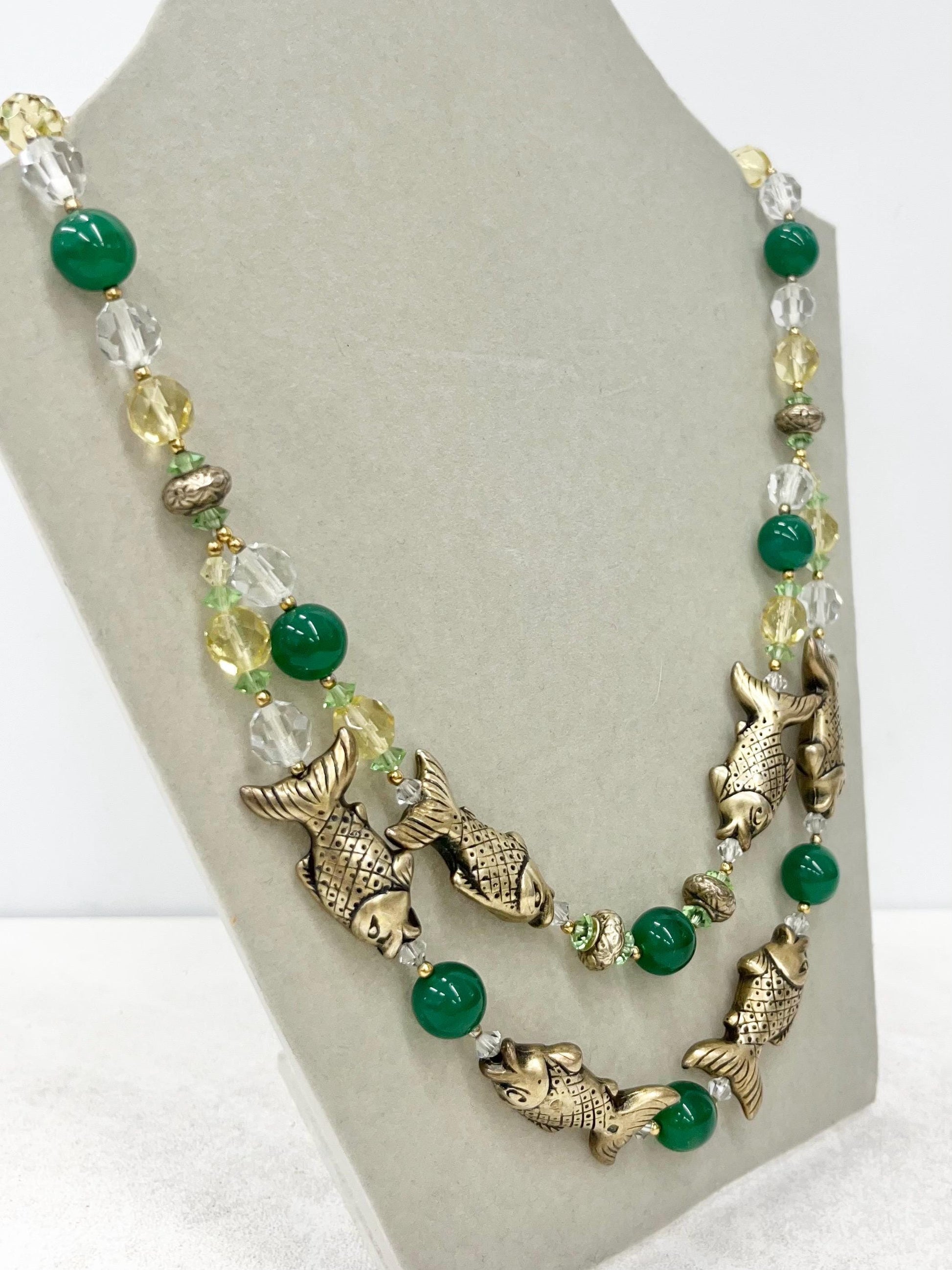 Vintage Glass and Crystal Two Strand Fish Necklace with Uranium Green Accents UV Reactive Glowing Jewellery 17” Long MillyOliverVintage