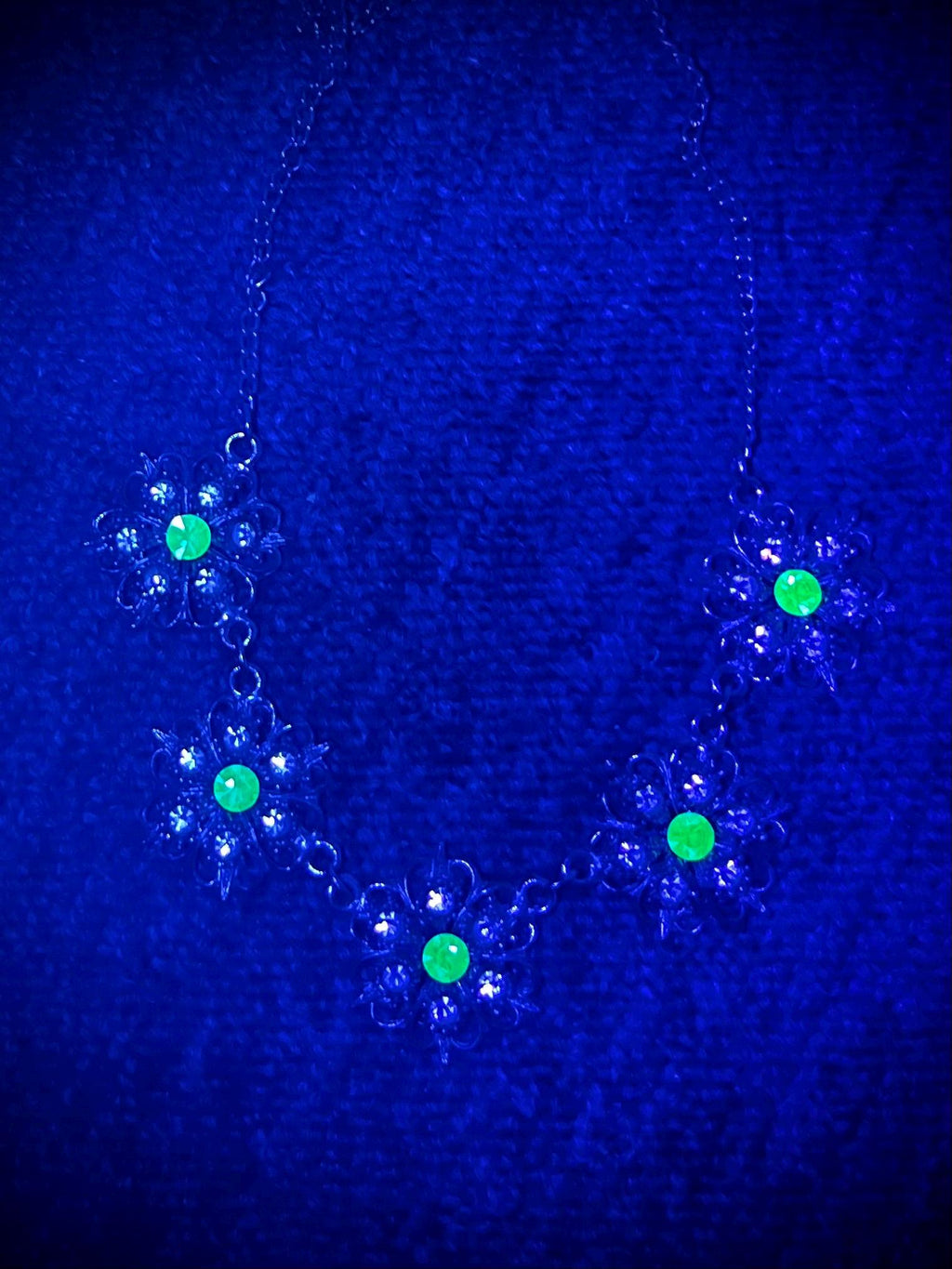 Vintage Crystal Flower Necklace with Uranium Green Accents UV Reactive Glowing Jewellery 18” Long MillyOliverVintage