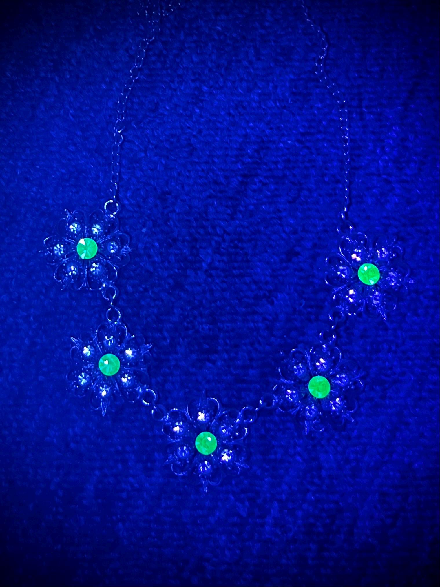 Vintage Crystal Flower Necklace with Uranium Green Accents UV Reactive Glowing Jewellery 18” Long MillyOliverVintage