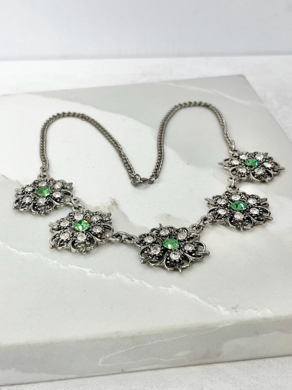Vintage Crystal Flower Necklace with Uranium Green Accents UV Reactive Glowing Jewellery 18” Long MillyOliverVintage