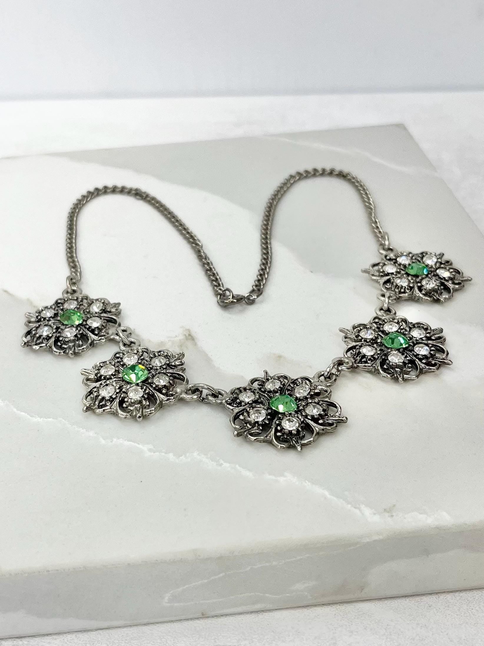 Vintage Crystal Flower Necklace with Uranium Green Accents UV Reactive Glowing Jewellery 18” Long MillyOliverVintage