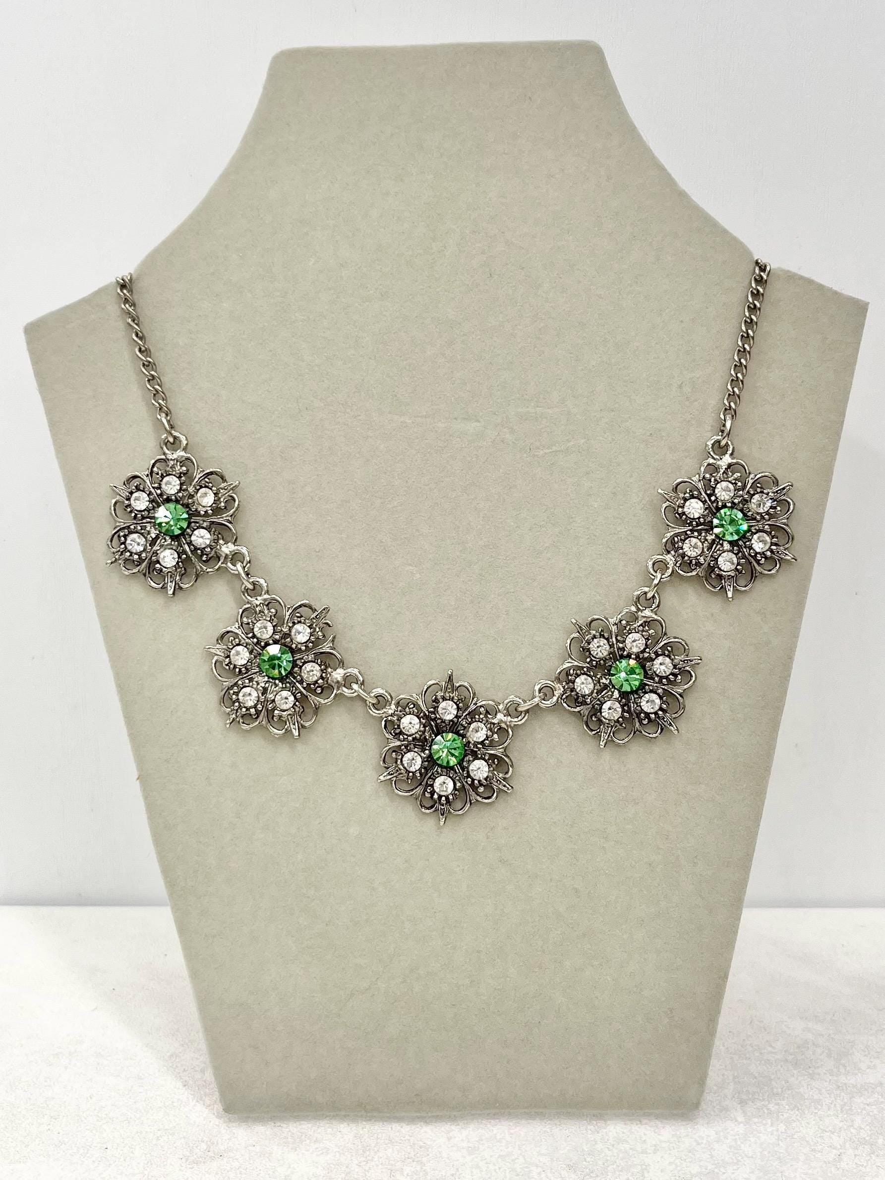 Vintage Crystal Flower Necklace with Uranium Green Accents UV Reactive Glowing Jewellery 18” Long MillyOliverVintage