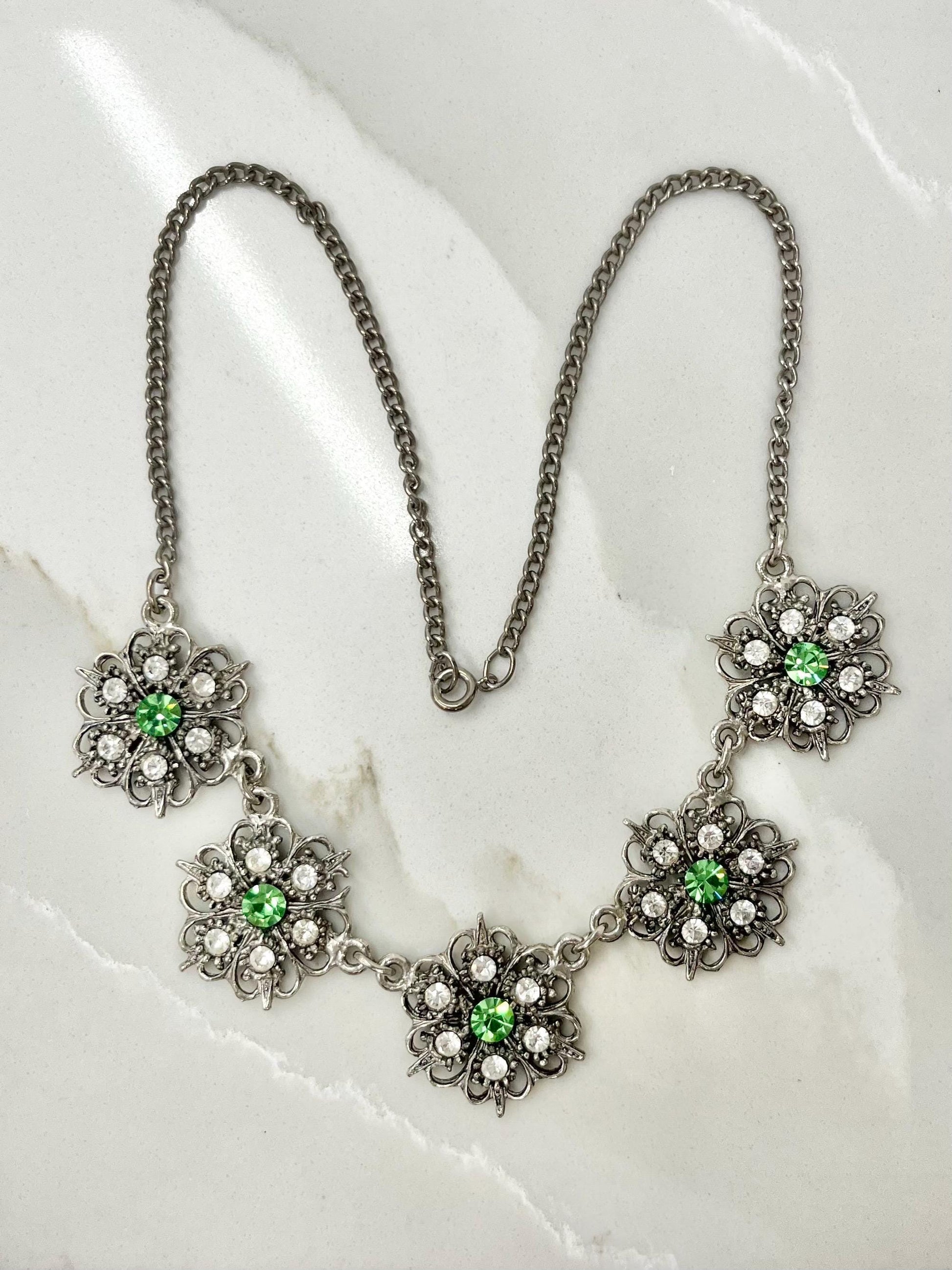 Vintage Crystal Flower Necklace with Uranium Green Accents UV Reactive Glowing Jewellery 18” Long MillyOliverVintage