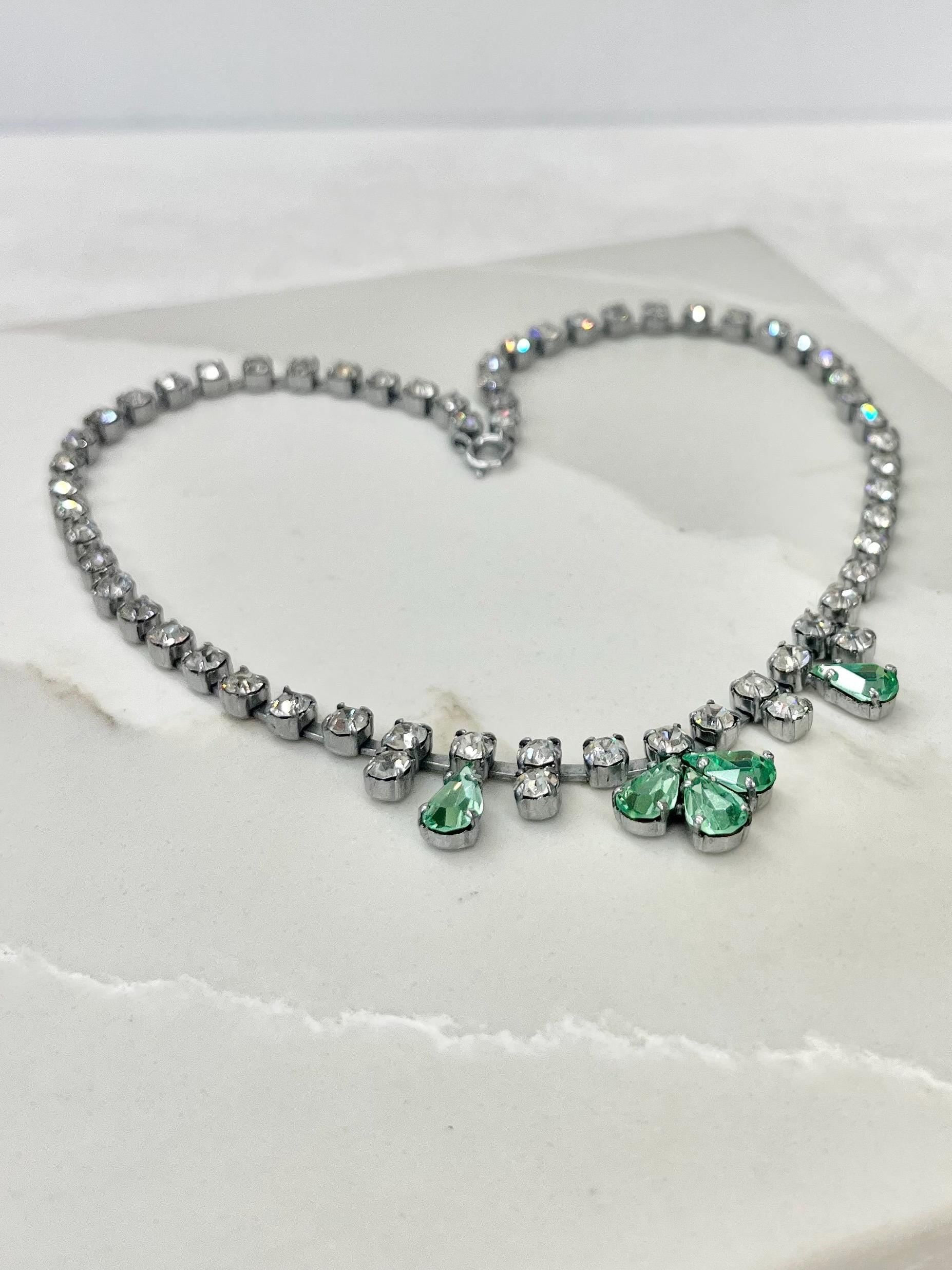 Vintage Diamante Crystal Necklace: Peridot Green Droplet, 1960s Silver Tone MillyOliverVintage