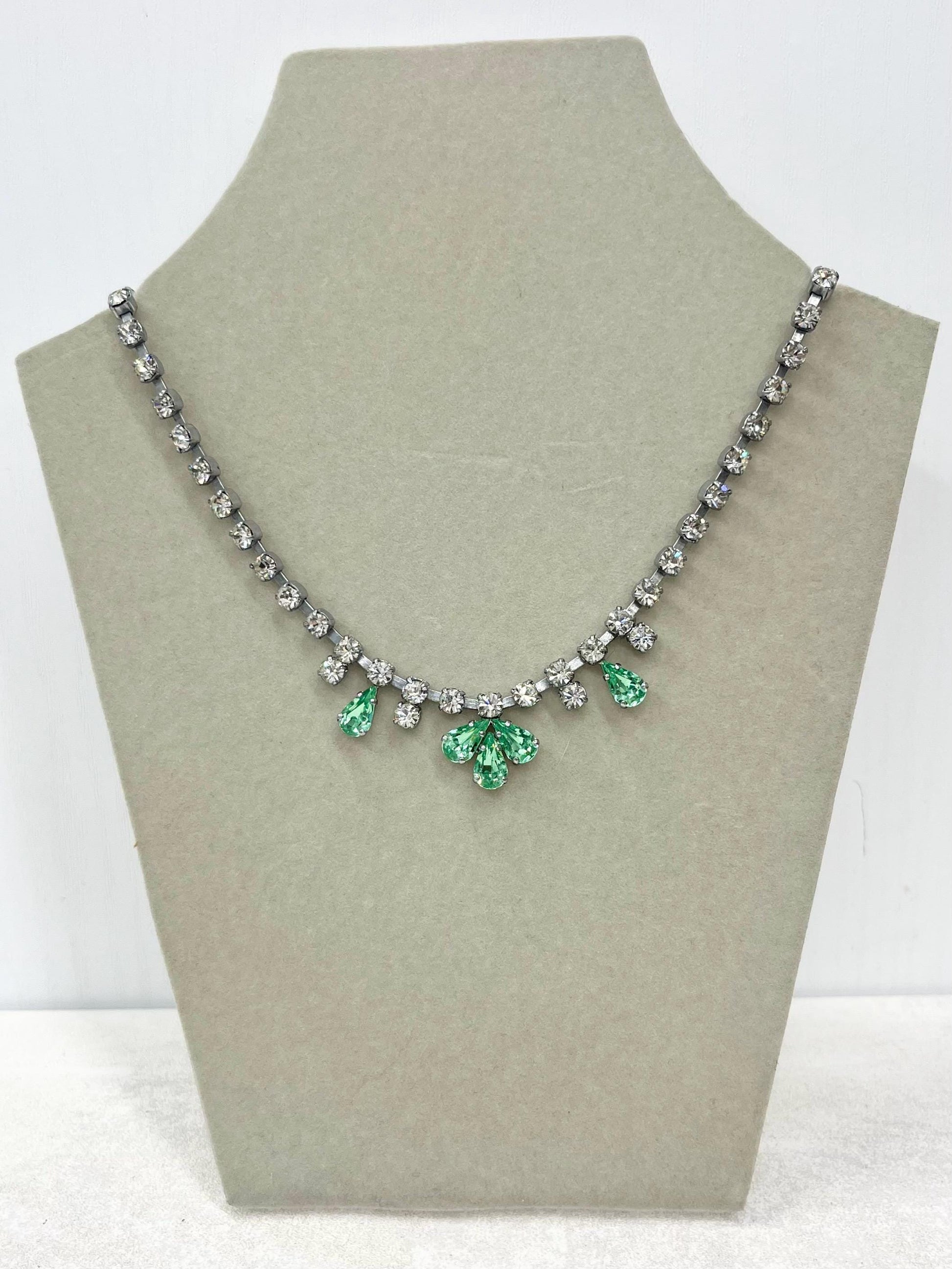 Vintage Diamante Crystal Necklace: Peridot Green Droplet, 1960s Silver Tone MillyOliverVintage