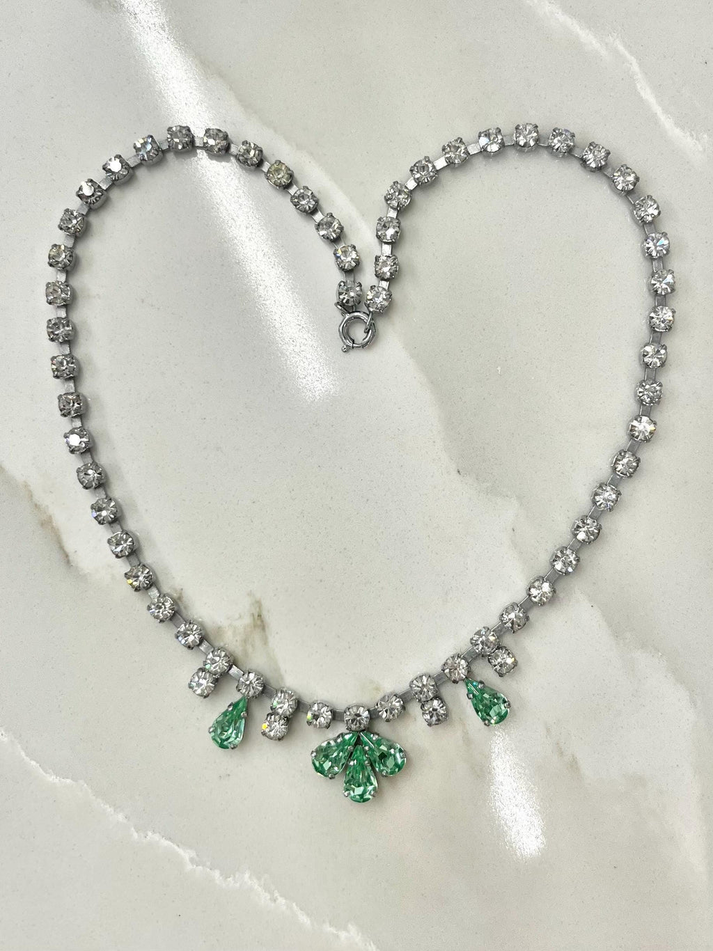 Vintage Diamante Crystal Necklace: Peridot Green Droplet, 1960s Silver Tone MillyOliverVintage