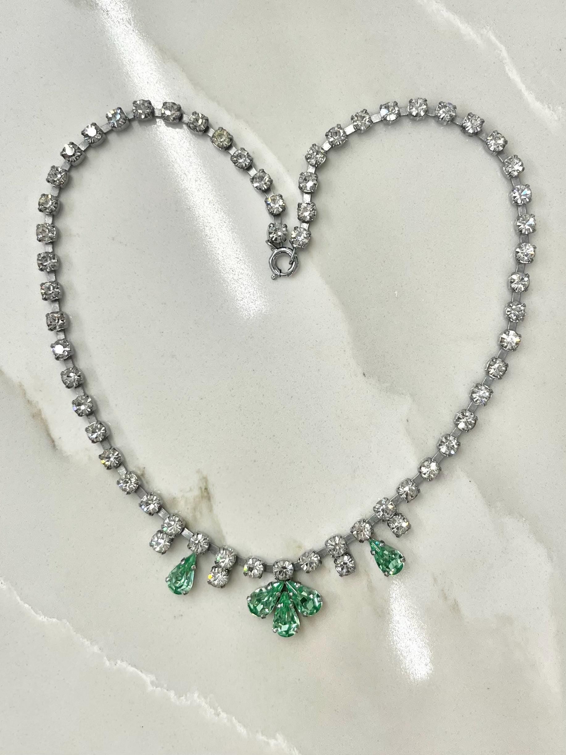 Vintage Diamante Crystal Necklace: Peridot Green Droplet, 1960s Silver Tone MillyOliverVintage