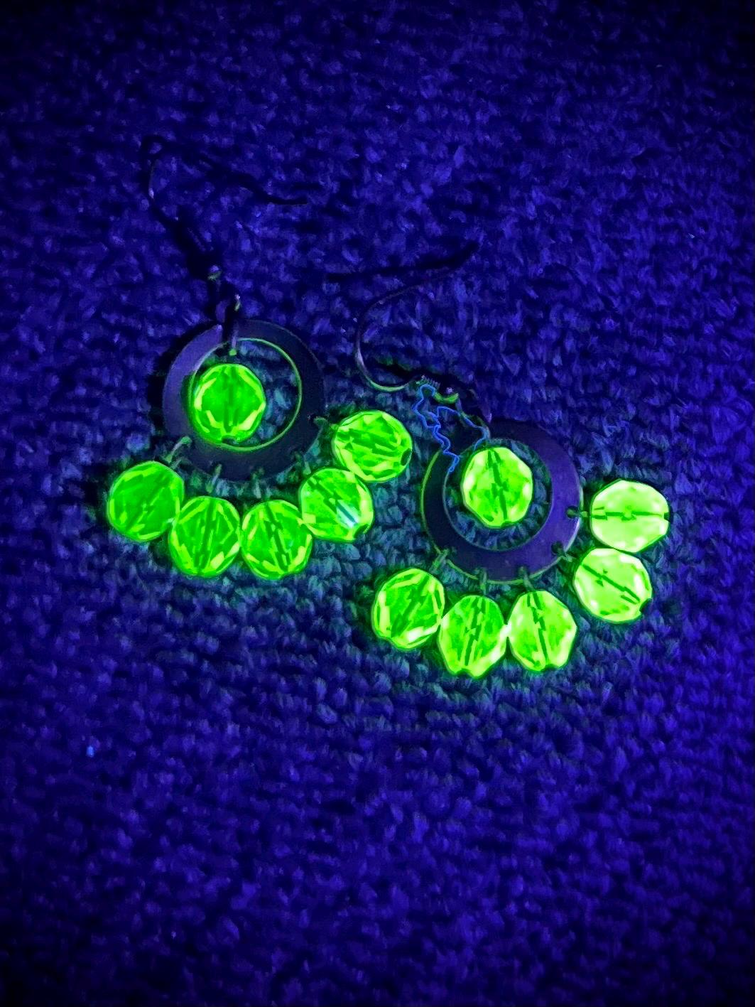 Yellow Uranium Glass Bead Cluster Hoop Drop Earrings UV Reactive Glow with Czech Firepolished Crystal Beads MillyOliverVintage