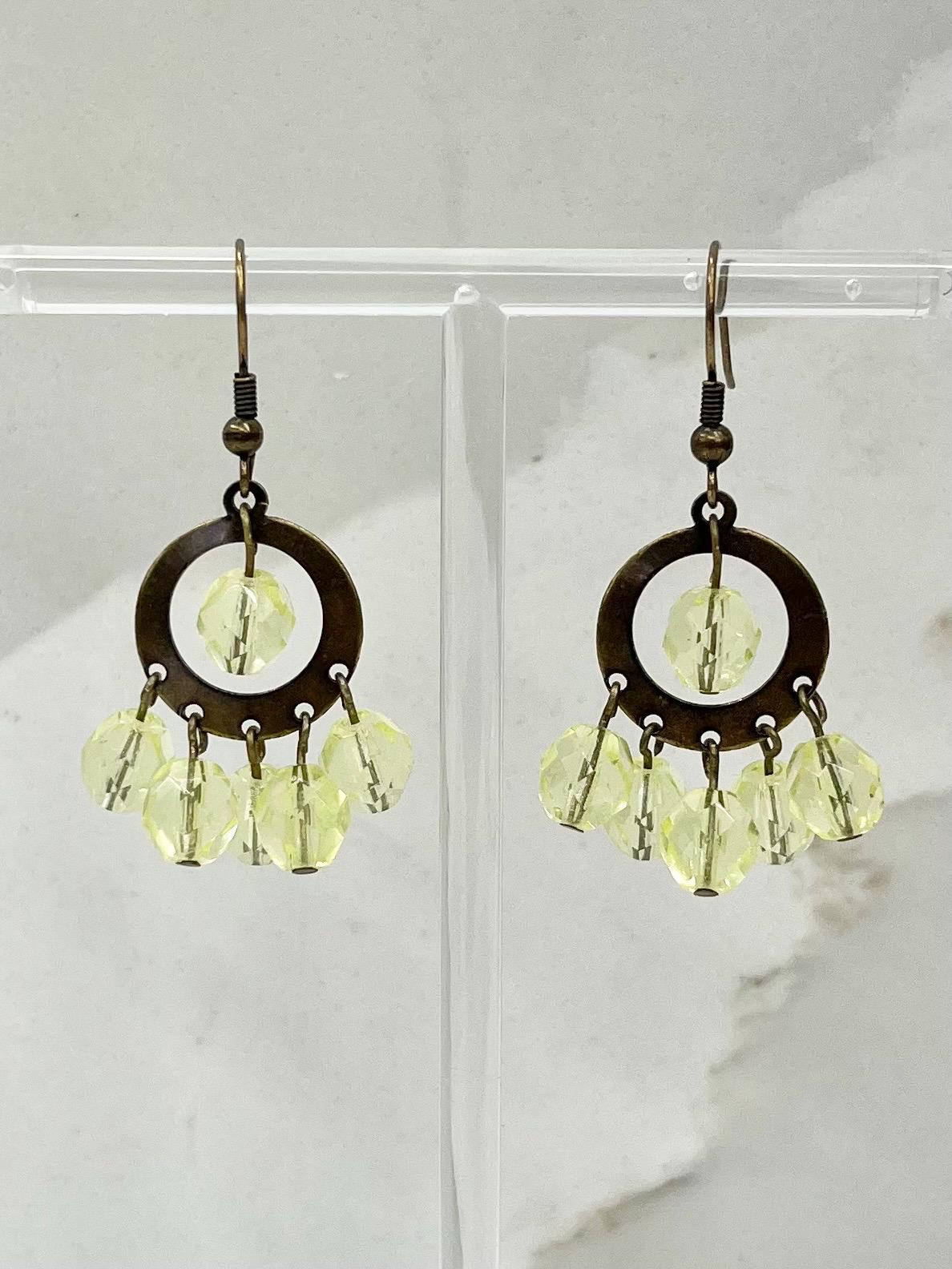 Yellow Uranium Glass Bead Cluster Hoop Drop Earrings UV Reactive Glow with Czech Firepolished Crystal Beads MillyOliverVintage