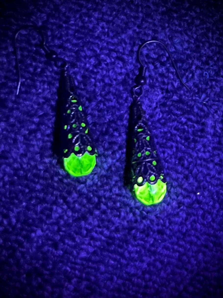 Yellow Uranium Glass Bead Filigree Drop Earrings UV Reactive Glow with Czech Firepolished Crystal Beads MillyOliverVintage