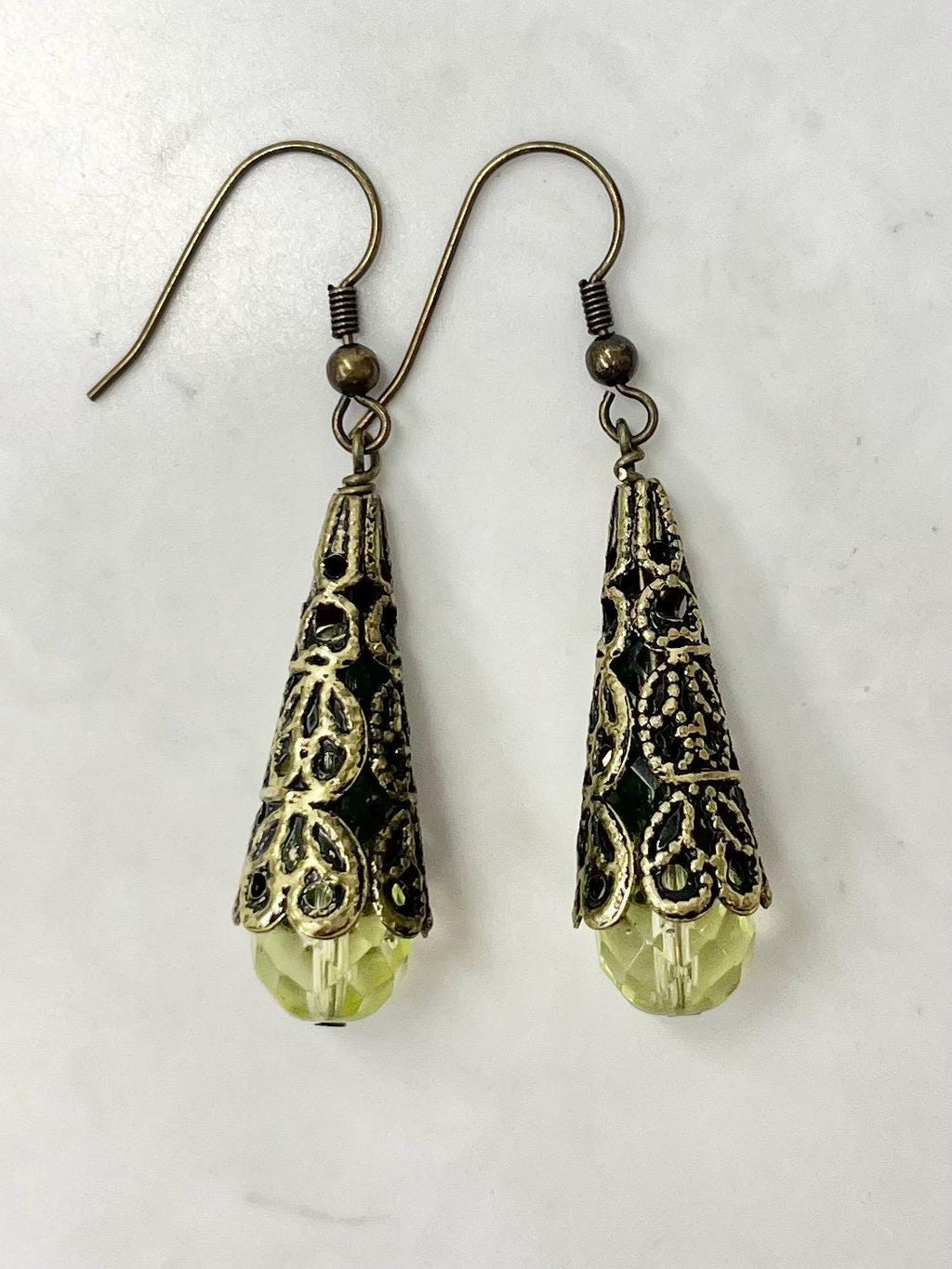 Yellow Uranium Glass Bead Filigree Drop Earrings UV Reactive Glow with Czech Firepolished Crystal Beads MillyOliverVintage