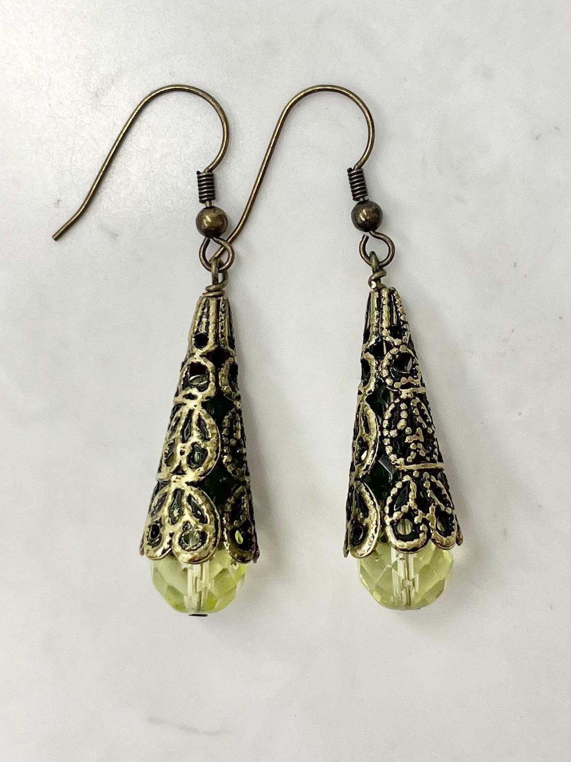 Yellow Uranium Glass Bead Filigree Drop Earrings UV Reactive Glow with Czech Firepolished Crystal Beads MillyOliverVintage