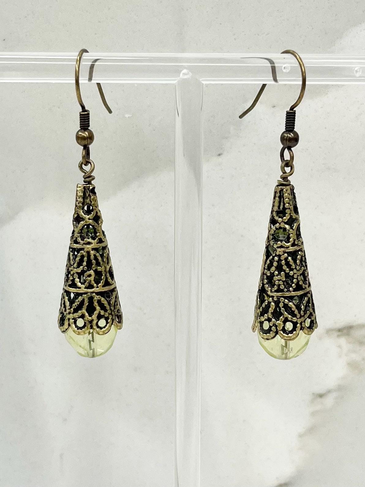 Yellow Uranium Glass Bead Filigree Drop Earrings UV Reactive Glow with Czech Firepolished Crystal Beads MillyOliverVintage