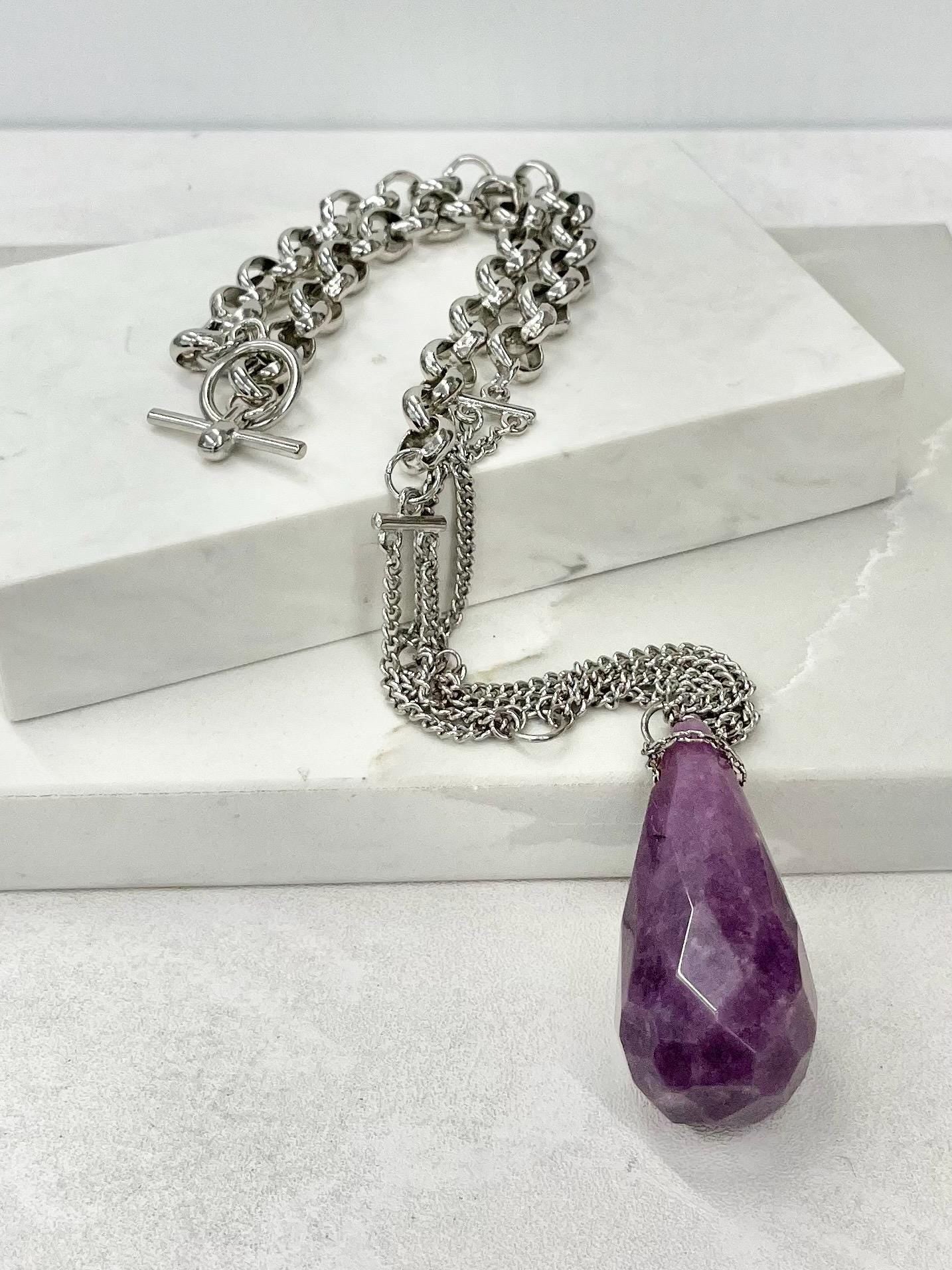 Huge Purple Semi Precious Pendant Silver Tone Necklace - by Milly Oliver MillyOliverVintage