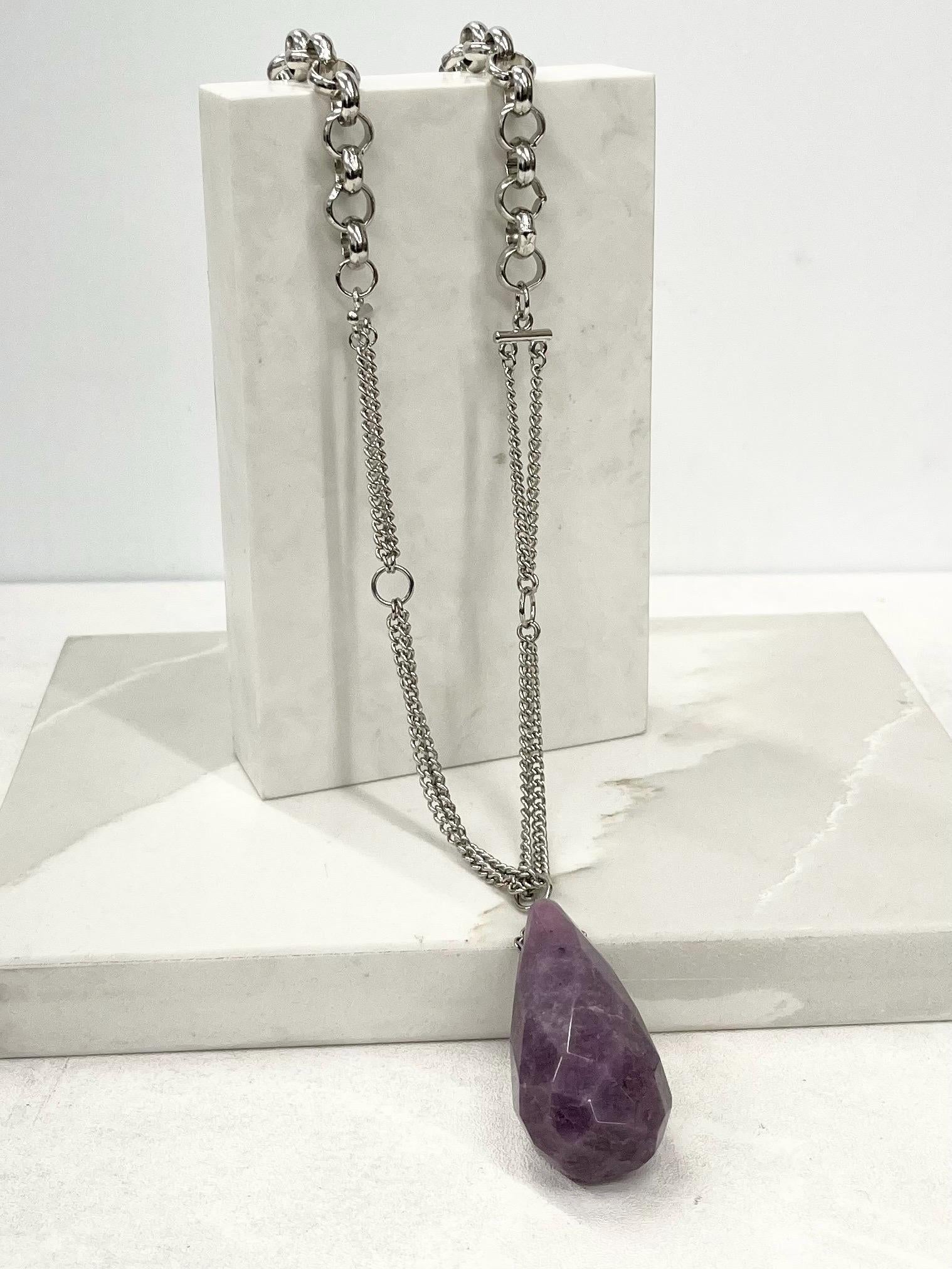 Huge Purple Semi Precious Pendant Silver Tone Necklace - by Milly Oliver MillyOliverVintage