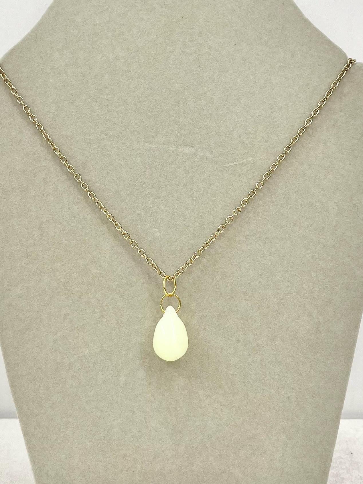 Large Semi Precious Teardrop Pendant and Chain with a Vintage Czech Uranium Glass Pendant UV Reactive Glow 16” Gold Plated Chain MillyOliverVintage