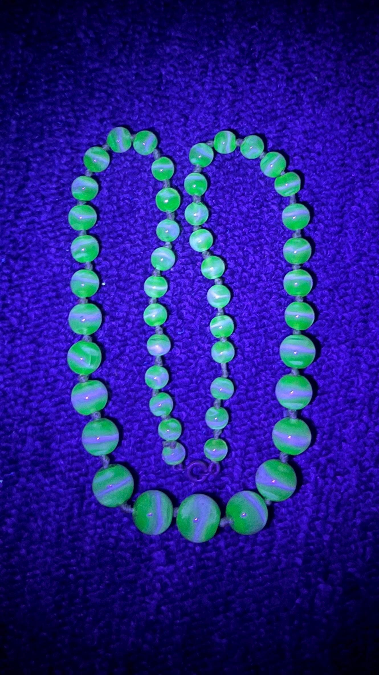 Vintage Art Deco Green Glass Uranium Graduated Bead Necklace Hand Knotted Bright Green UV Reactive Glow 20” Long MillyOliverVintage