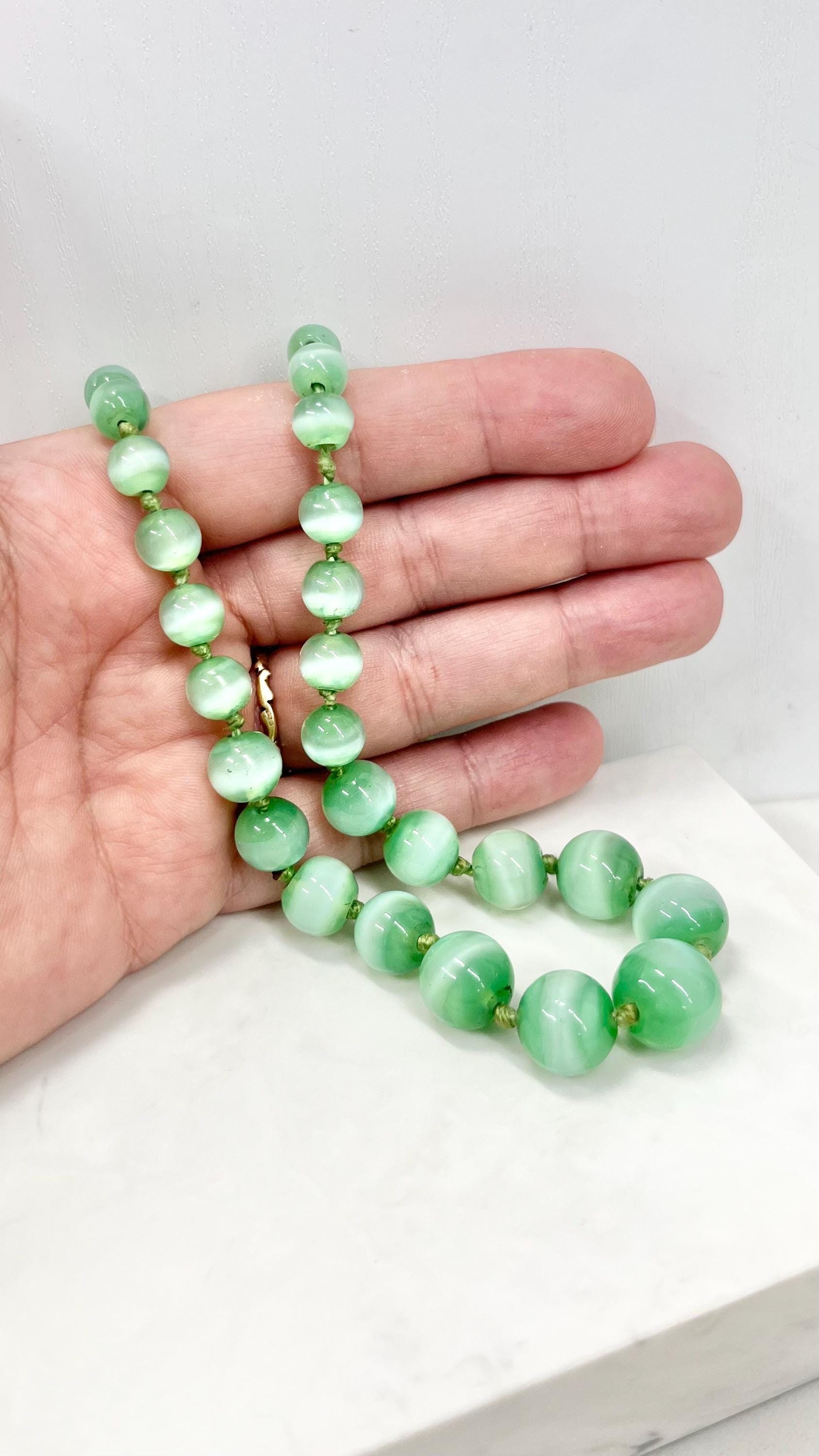 Vintage Art Deco Green Glass Uranium Graduated Bead Necklace Hand Knotted Bright Green UV Reactive Glow 20” Long MillyOliverVintage