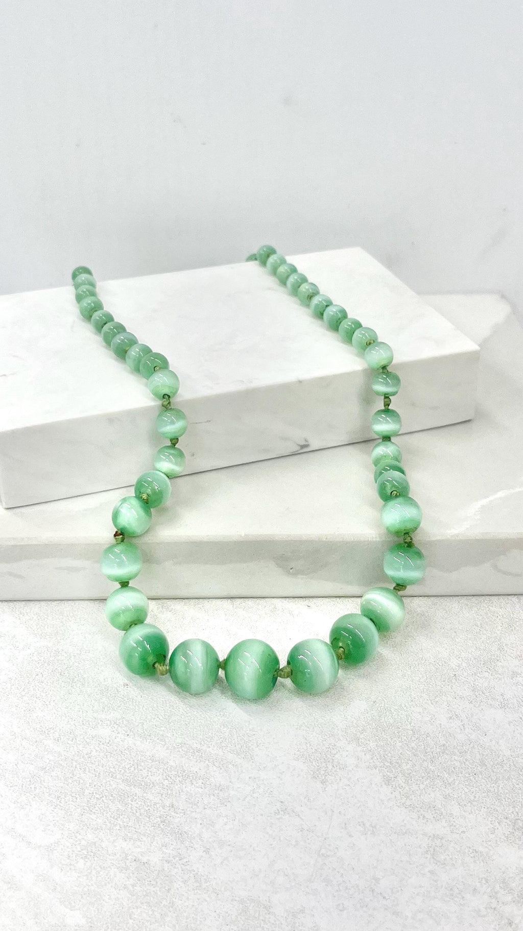 Vintage Art Deco Green Glass Uranium Graduated Bead Necklace Hand Knotted Bright Green UV Reactive Glow 20” Long MillyOliverVintage
