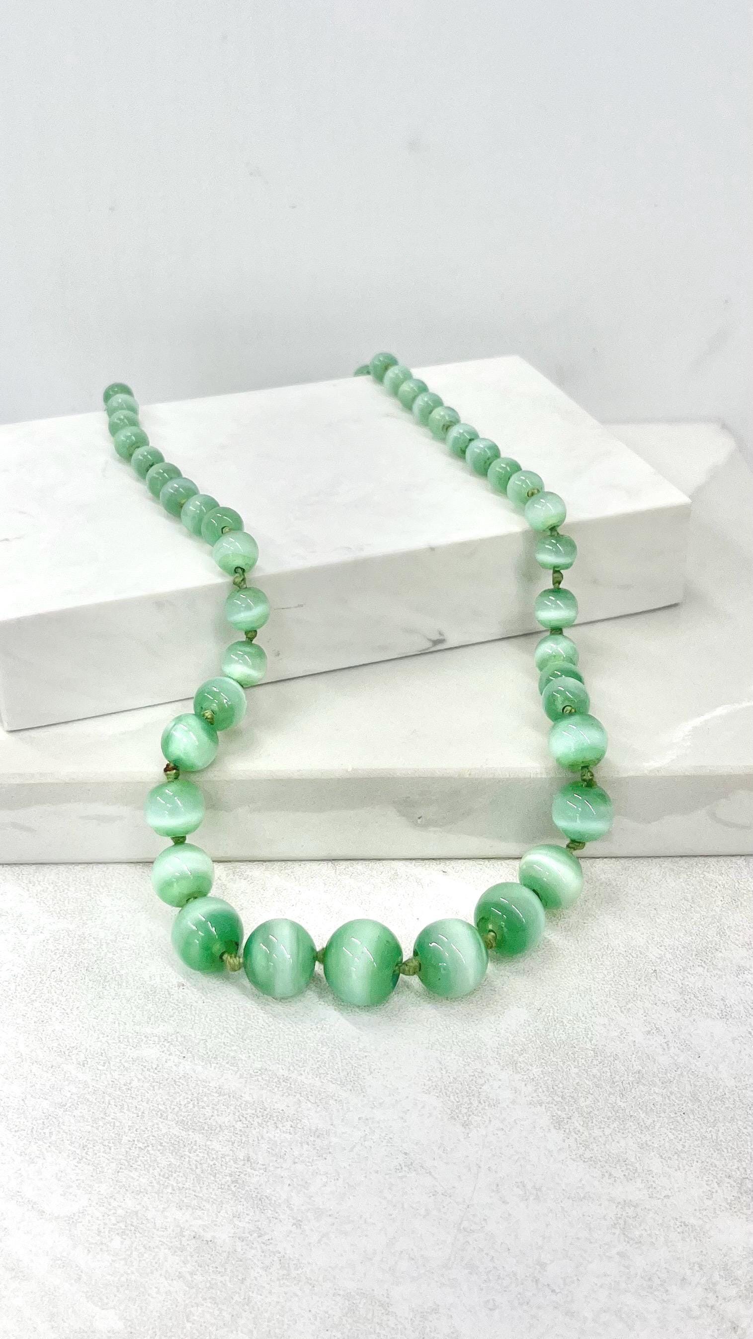 Vintage Art Deco Green Glass Uranium Graduated Bead Necklace Hand Knotted Bright Green UV Reactive Glow 20” Long MillyOliverVintage