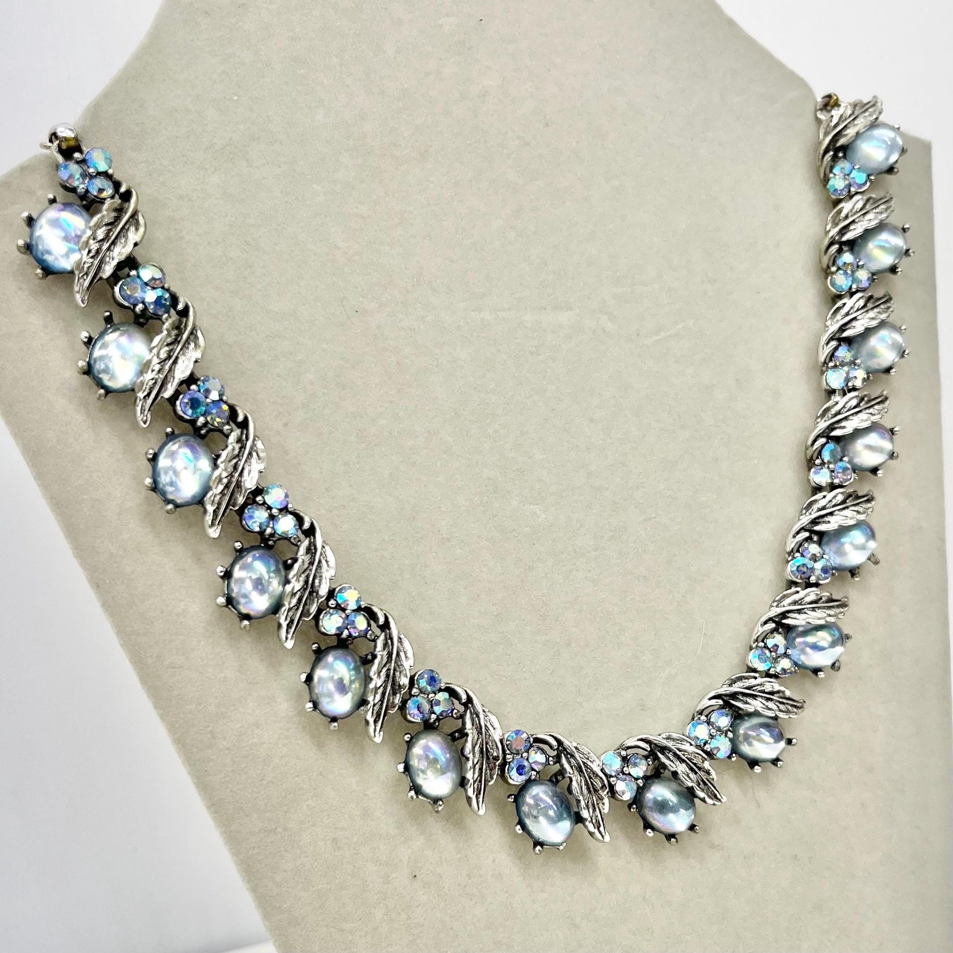 Vintage 1950’s - 1960’s Light Sapphire Blue Aurora Borealis Austrian Crystal Glasd Cabochon Leaf Bead MillyOliverVintage