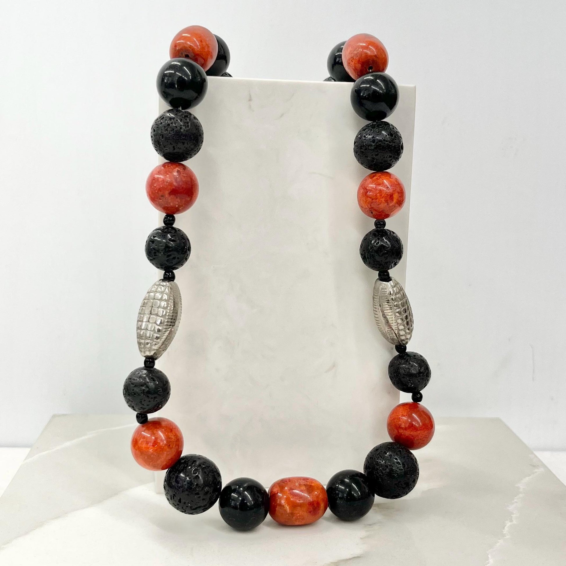 Vintage Black Lava Beaded & Red Agate Chunky Bead Necklace with Silver Accents Long 21” MillyOliverVintage