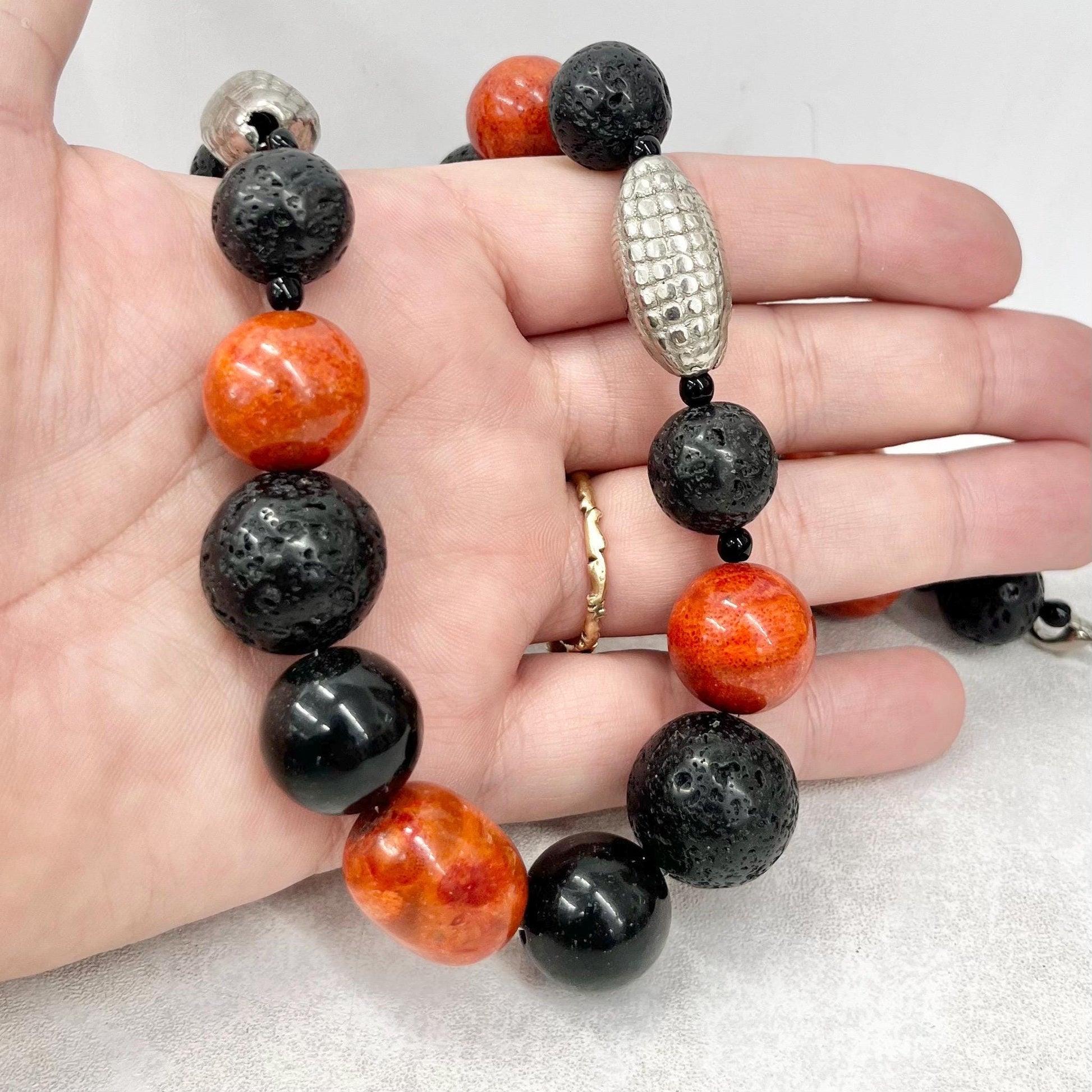 Vintage Black Lava Beaded & Red Agate Chunky Bead Necklace with Silver Accents Long 21” MillyOliverVintage