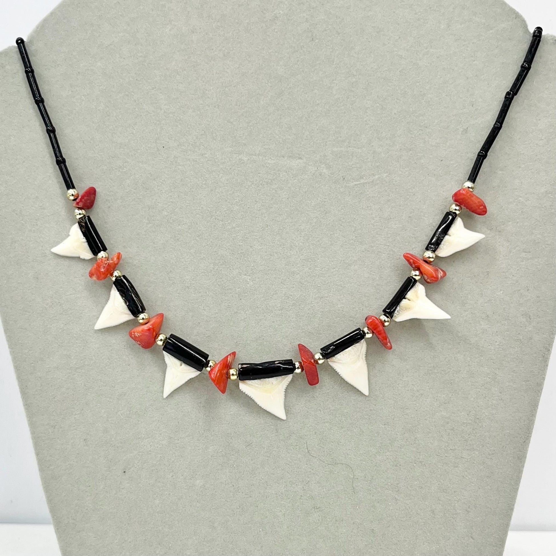 Vintage Black & Red Mounted Sharks Tooth Necklace with Silver Accents 18” Long MillyOliverVintage