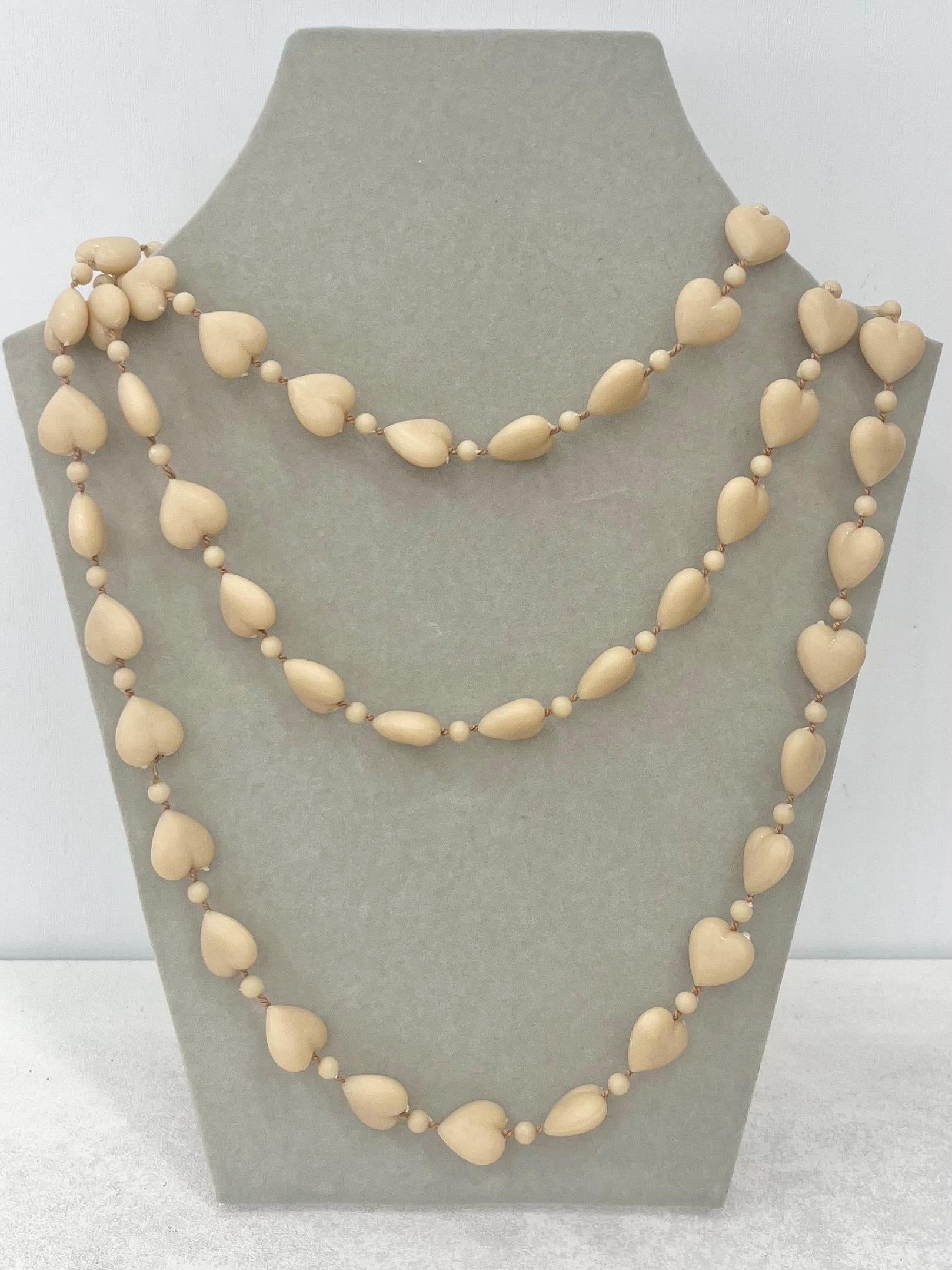 Super Kitsch Acrylic Heart Bead Long Necklace 47” - Choice of Pastel Colours - Tan Peach Sky Blue Yellow Mint Green MillyOliverVintage