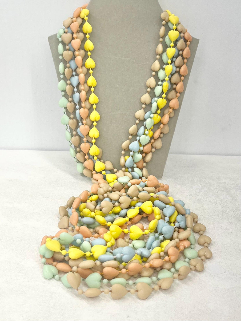 Super Kitsch Acrylic Heart Bead Long Necklace 47” - Choice of Pastel Colours - Tan Peach Sky Blue Yellow Mint Green MillyOliverVintage